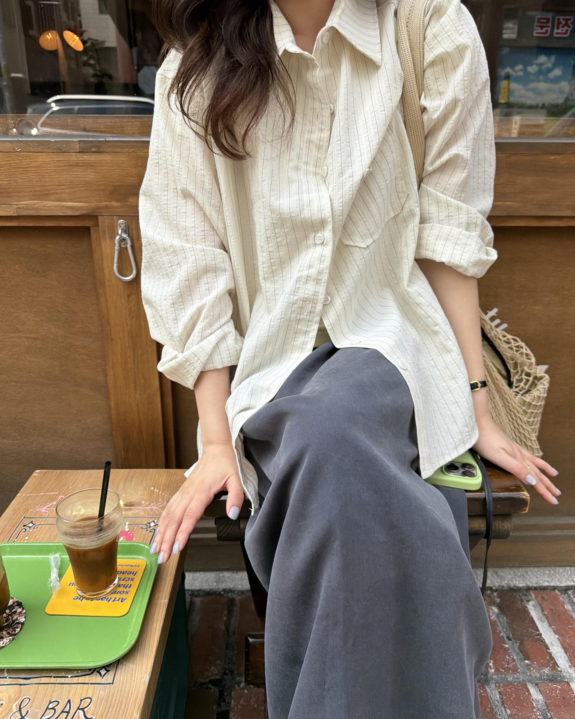 tacit stripe shirt (beige/blue)