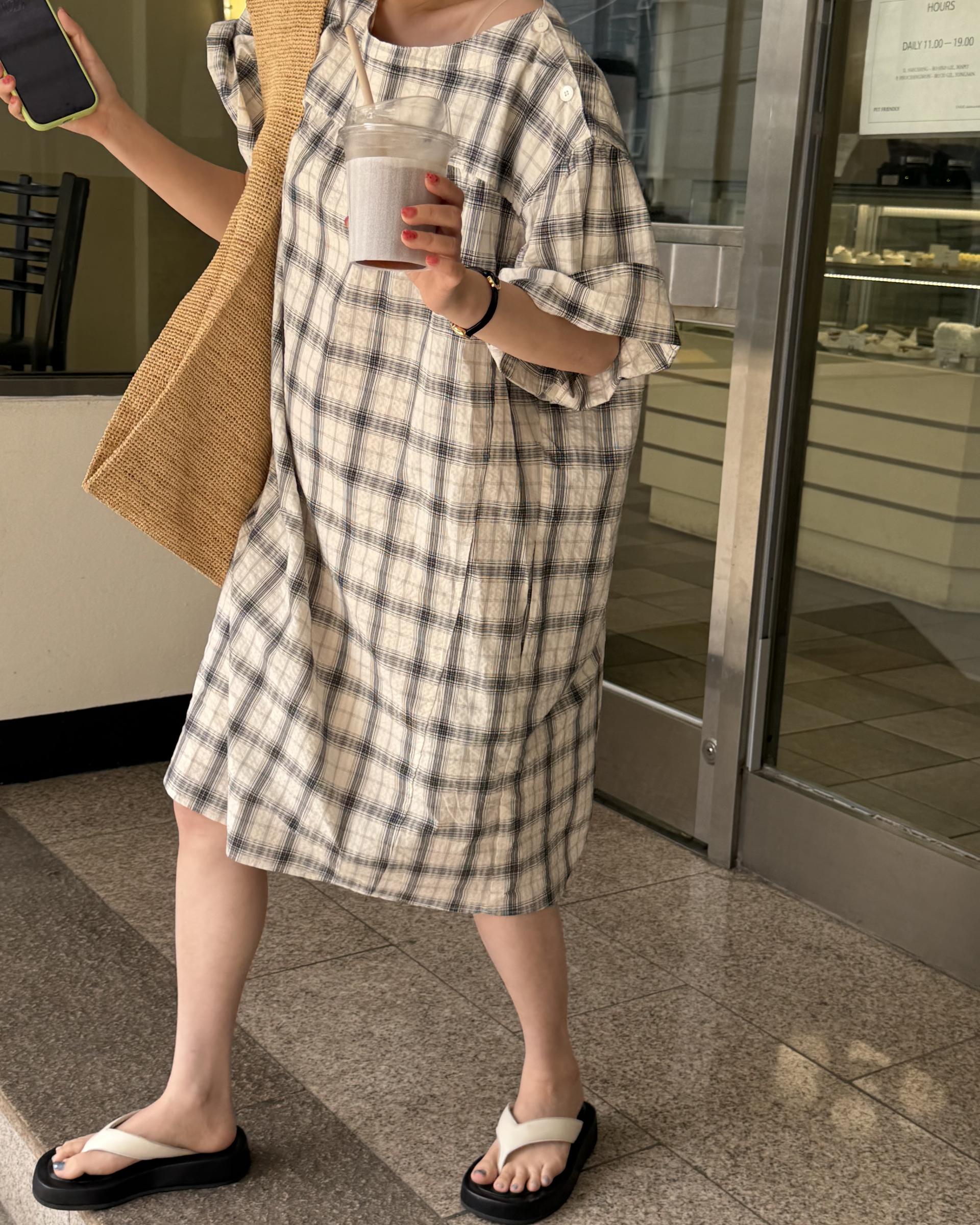 brioche check dress (cream)