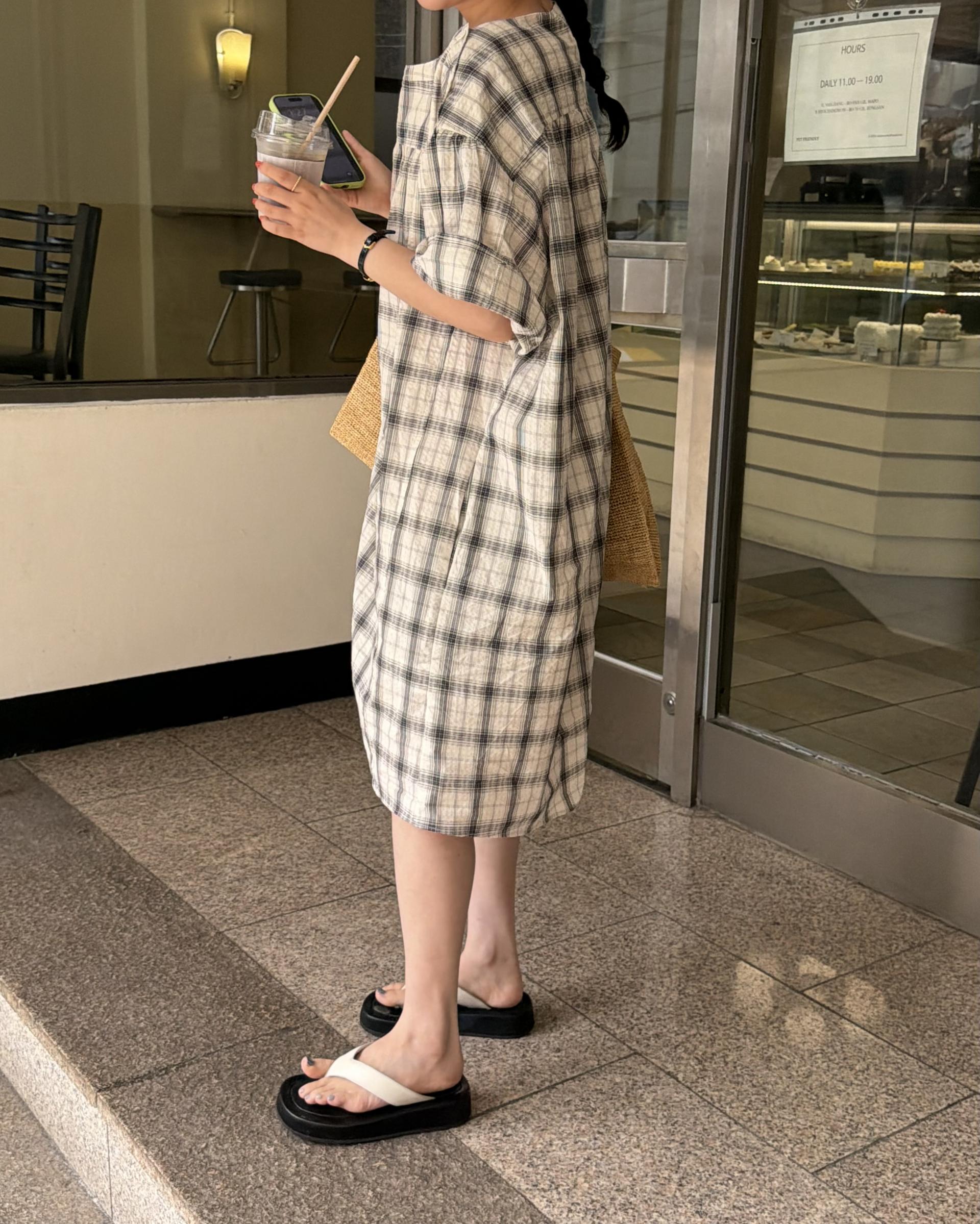 brioche check dress (cream)