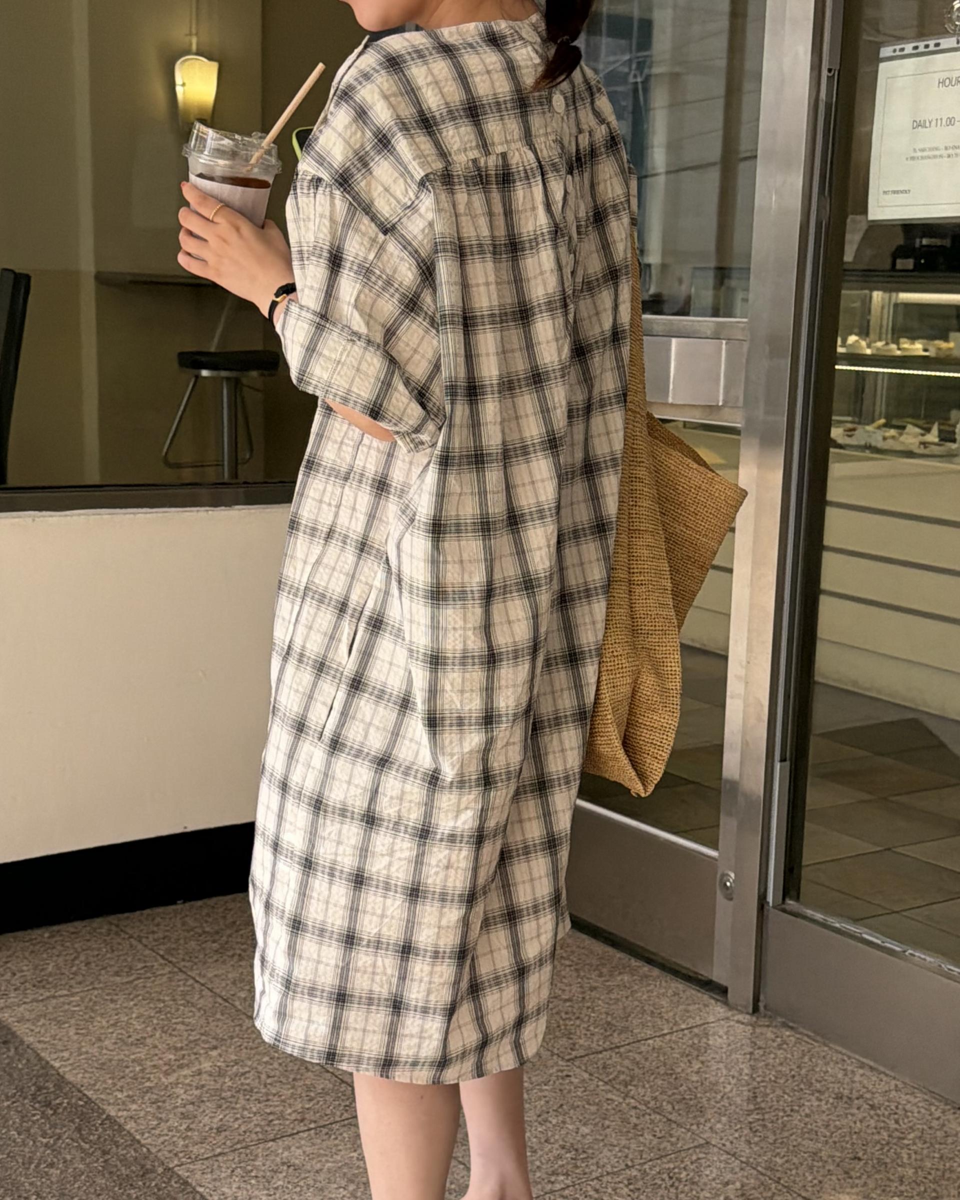 brioche check dress (cream)
