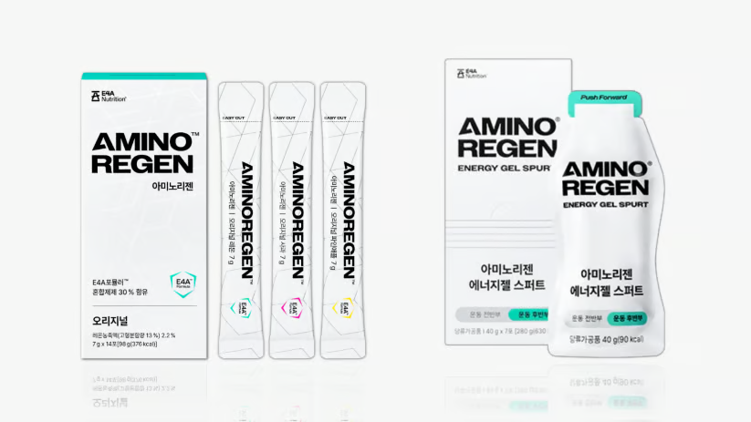 아미노리젠 오리지널 리뉴얼 제품(사진 왼쪽) 및 신제품 '에너지젤 스퍼트'/사진제공=E4A 뉴트리션