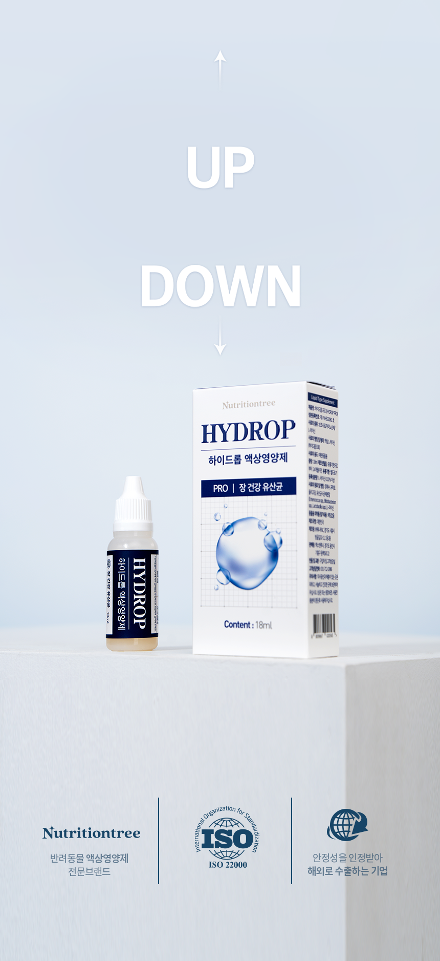 하이드롭 PRO 18ml 병과 패키지 제품 사진, 뉴트리션트리 로고·ISO 22000·수출 기업 아이콘