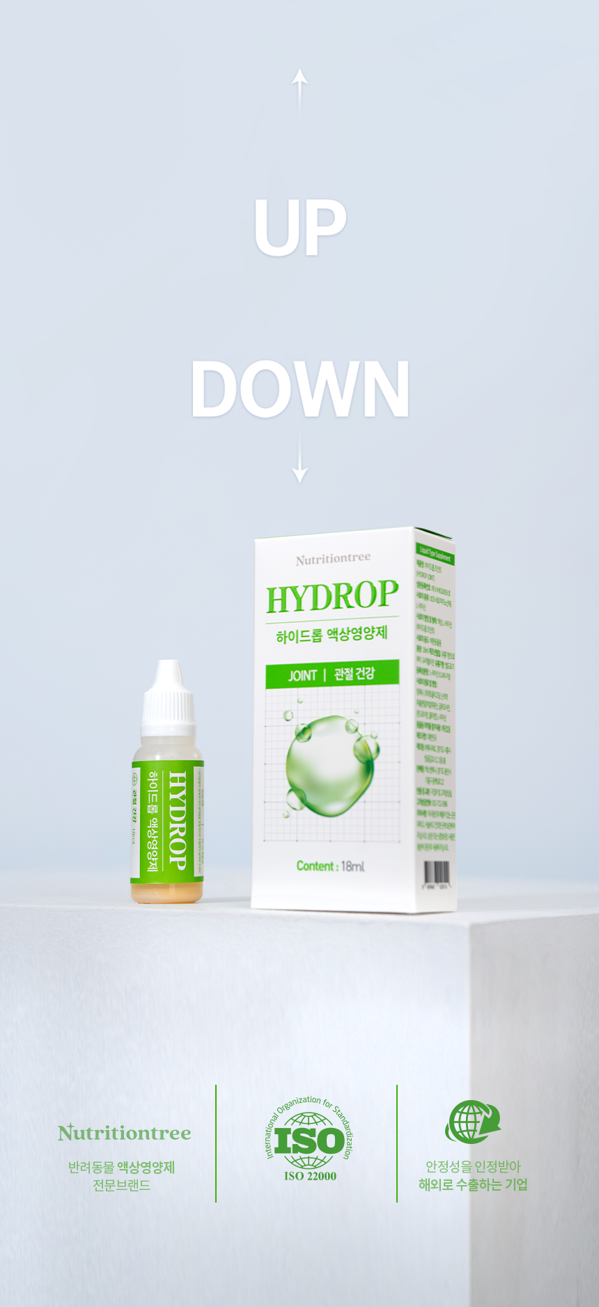 흡수율 UP 스트레스 DOWN 화살표와 하이드롭 JOINT 18ml 병·패키지 제품 사진, 뉴트리션트리 로고(반려동물 액상영양제 전문브랜드)·ISO 22000·안정성을 인정받아 해외로 수출하는 기업 아이콘