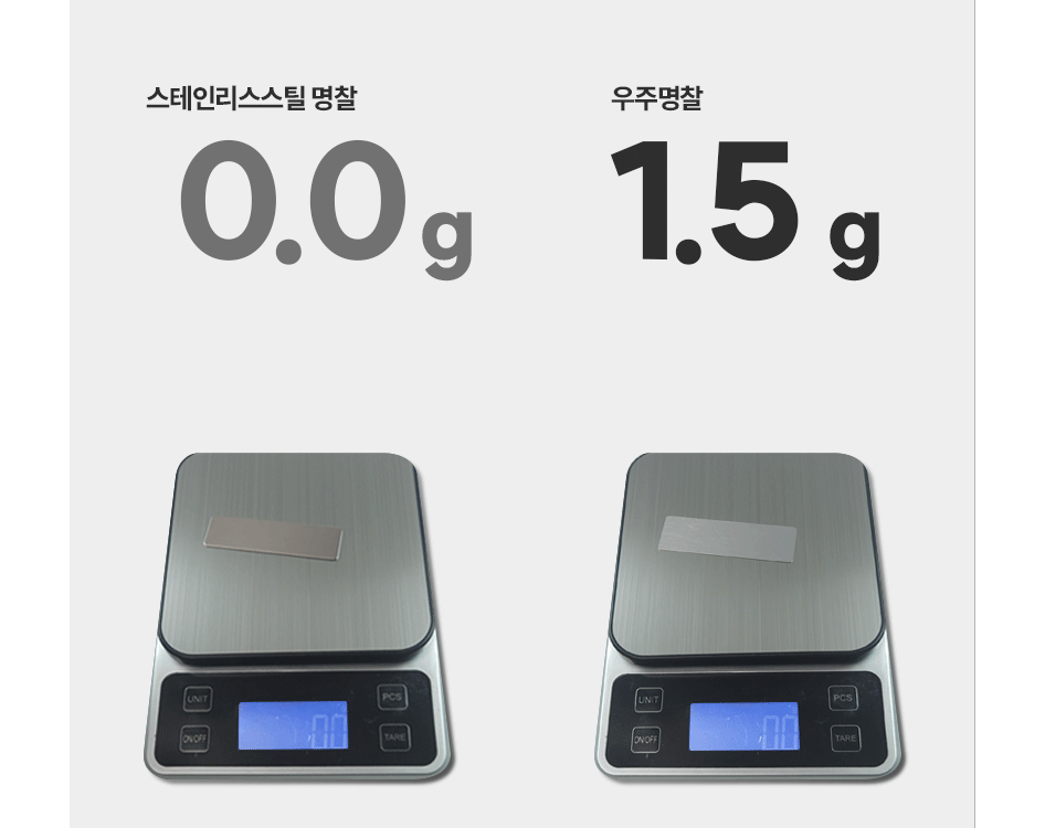 스테인리스 스틸 명찰 : 10.1g, 우주명찰 : 1.5g
