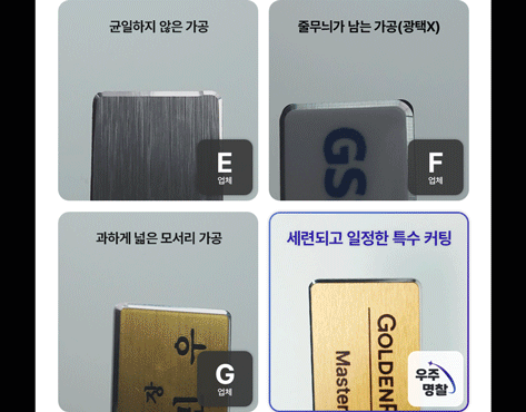 E업체 : 균일하지 않은 가공, F업체 : 줄무늬가 남는 가공(광택X), G업체 : 과하게 넓은 모서리 가공, 우주명찰 : 세련되고 일정한 특수 커팅