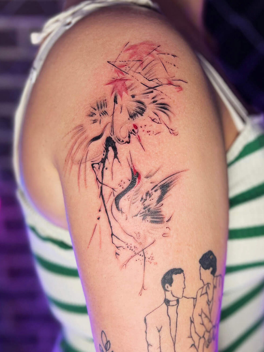 Hongdae tattoo artist creating Korean brush painting inspired tattoo design in Seoul