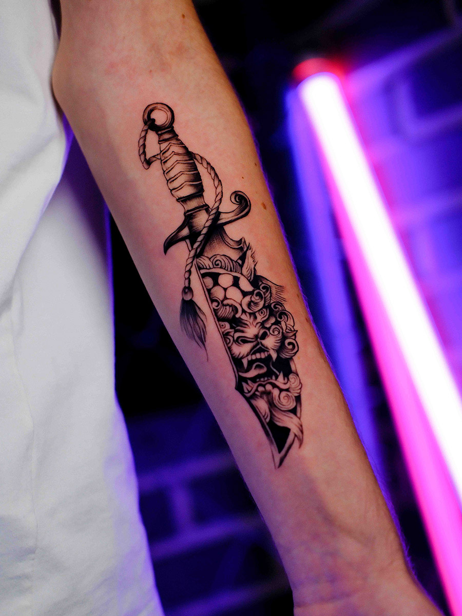 Hannya mask blackwork tattoo Korea