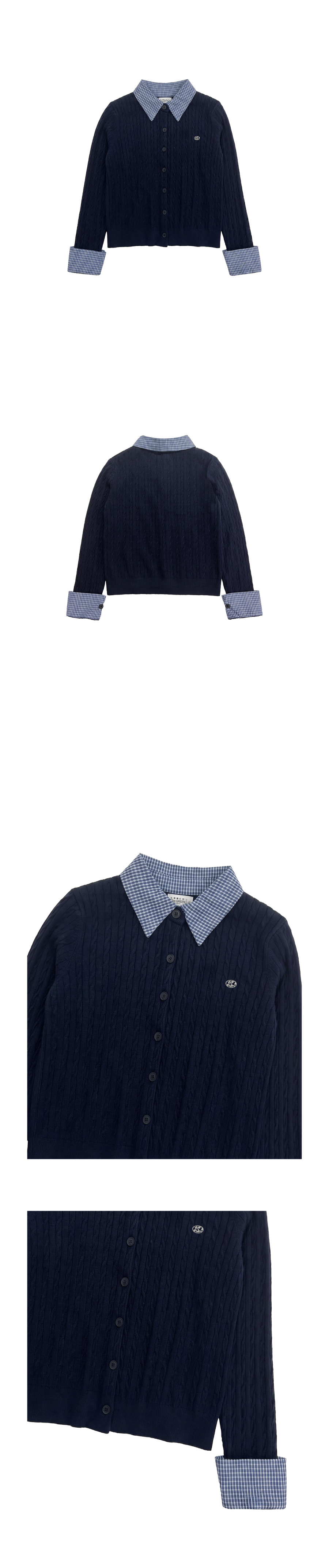 더그린랩_체크 카라 케이블 가디건 [Navy]