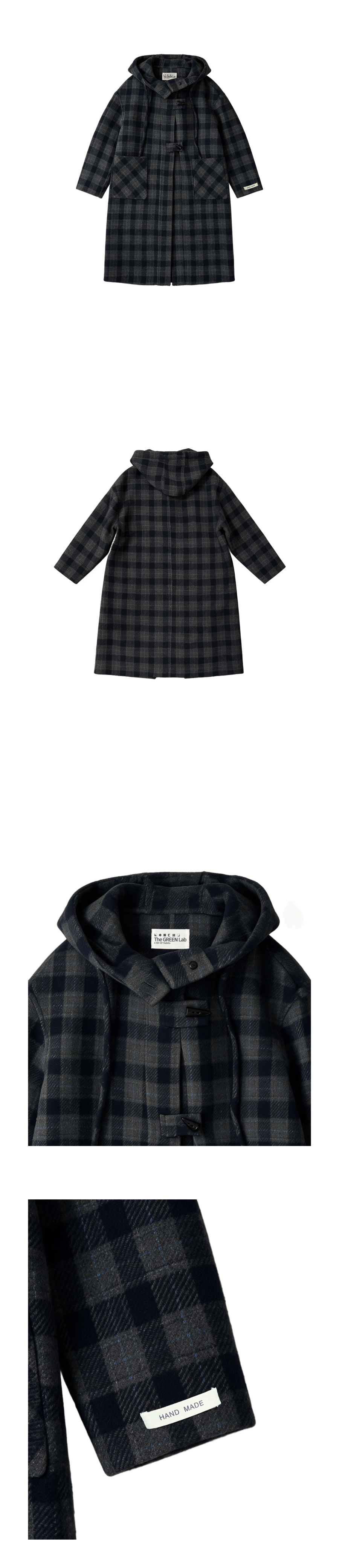 더그린랩_체크 후드 더플 롱코트 [Navy Check]