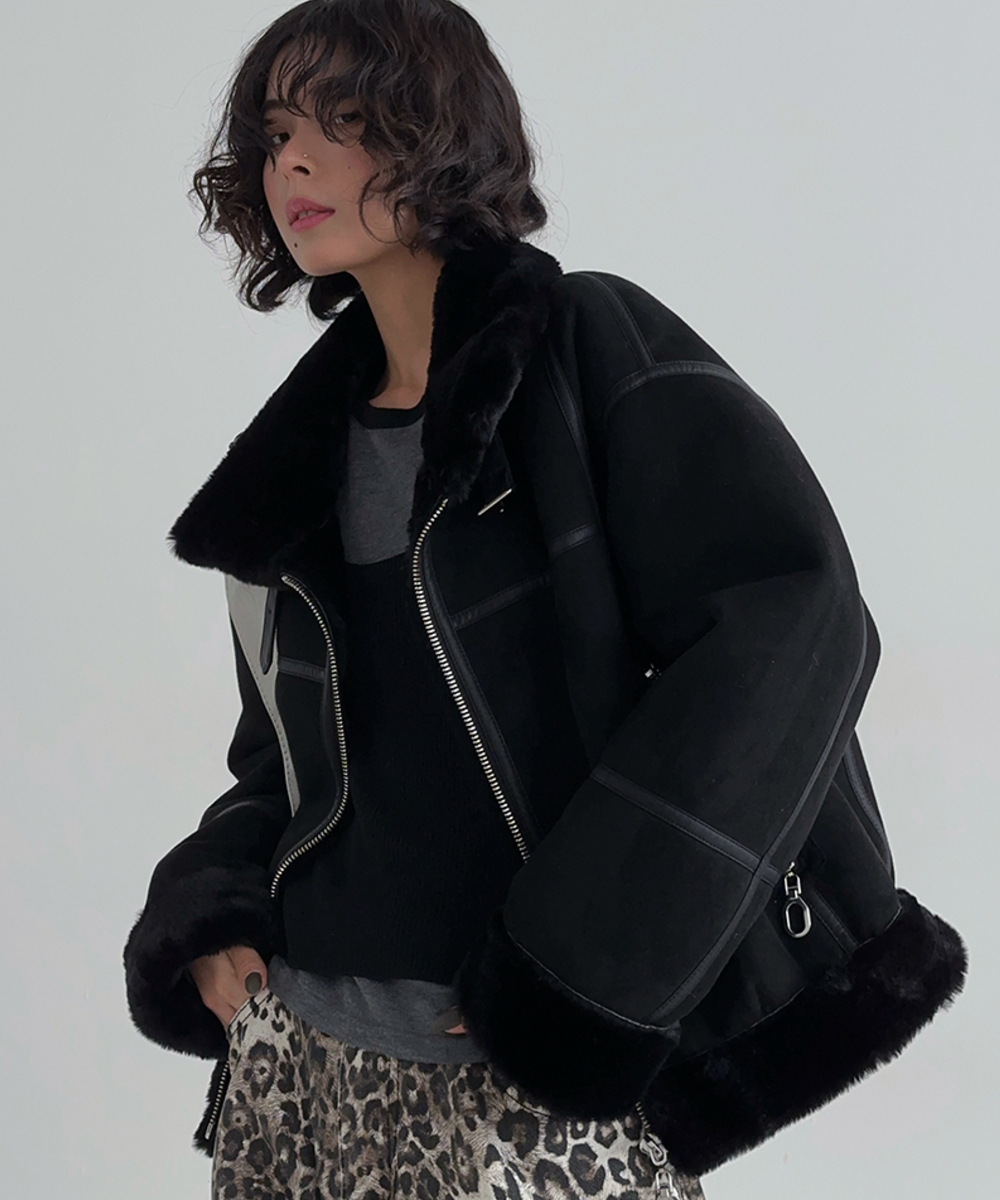 MUSINSA | THE GREEN LAB FAUX Fur High Neck Mustang Jacket [All Black]