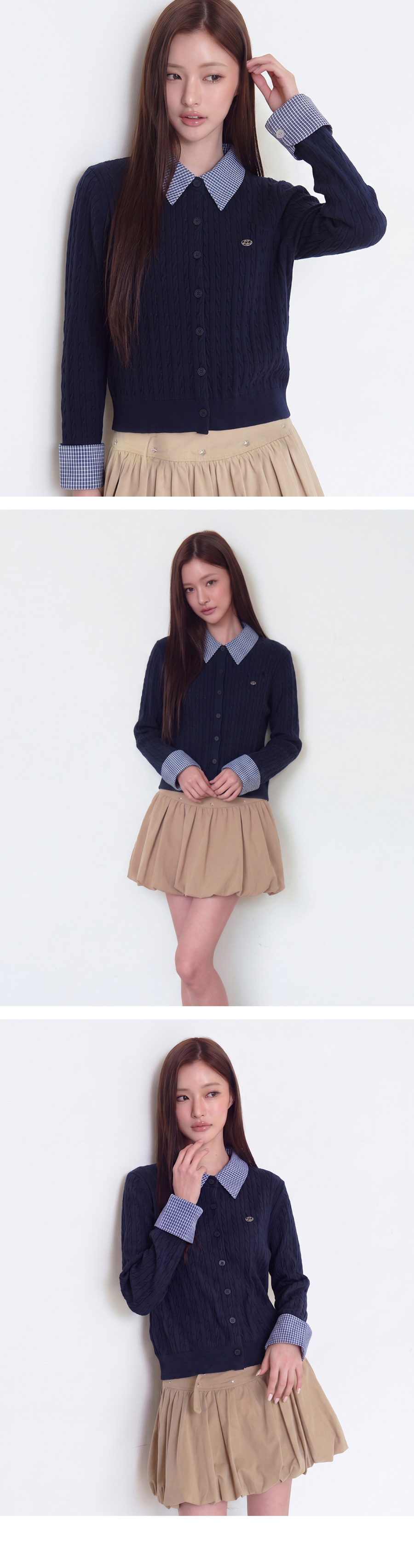 더그린랩_체크 카라 케이블 가디건 [Navy]