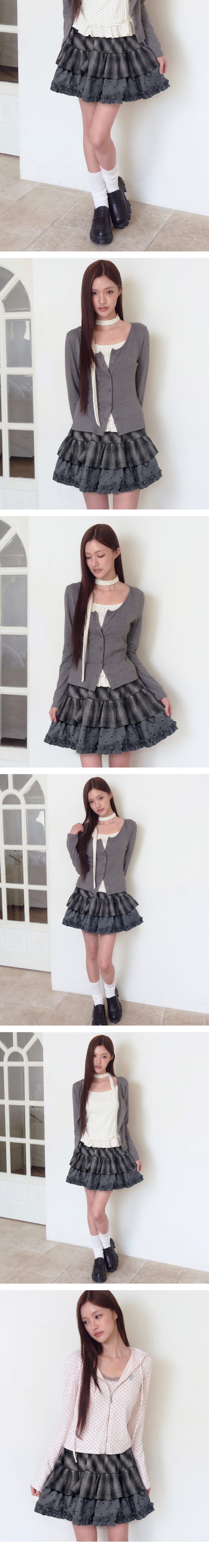 체크 도트 프릴 미니스커트 [Charcoal Grey]