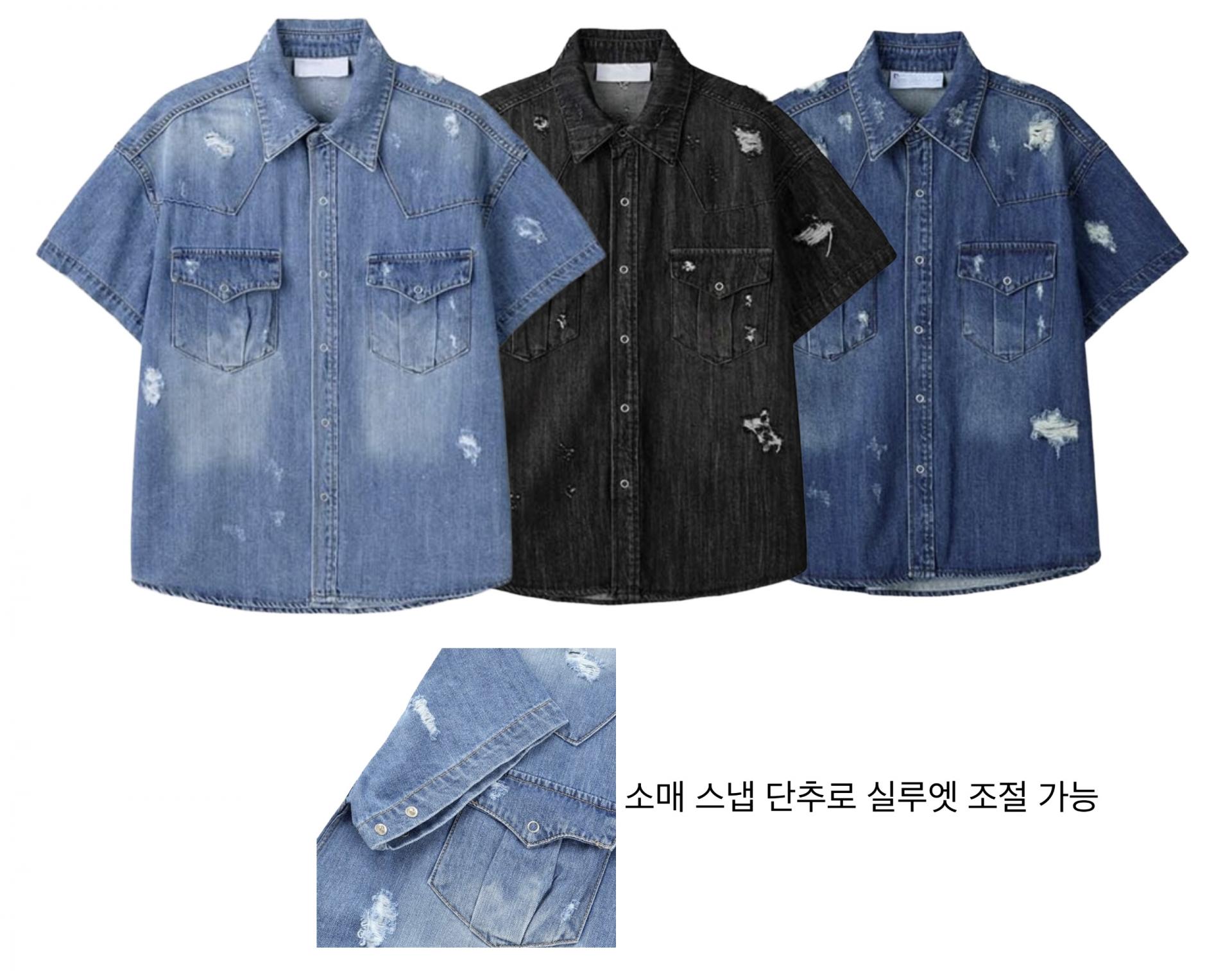 [MUSCLE FIT] 데몬 데미지 웨스턴 반팔 데님 셔츠
