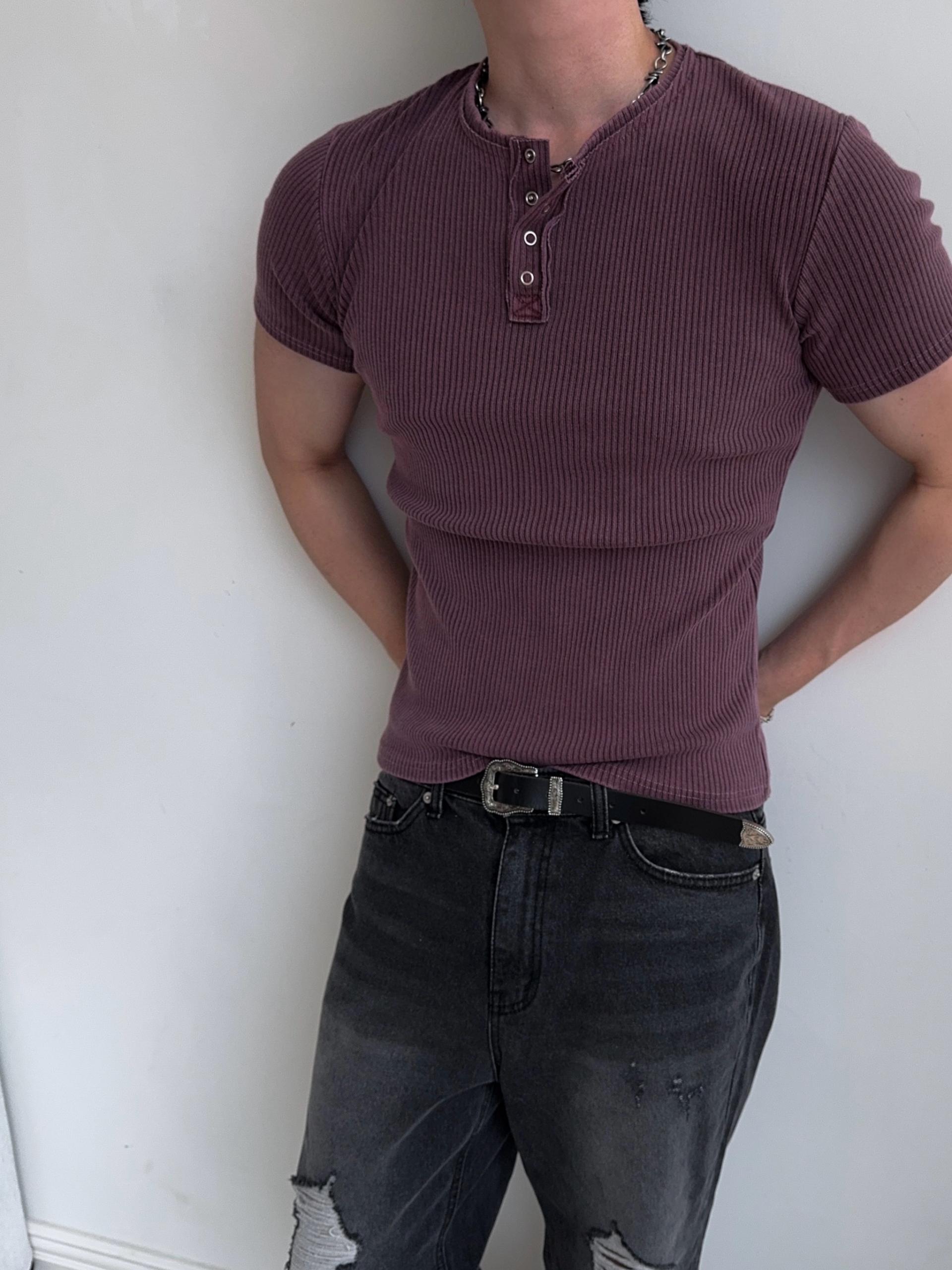 [MUSCLE FIT] 데스트 피그먼트 헨리넥 반팔 티셔츠 4COL
