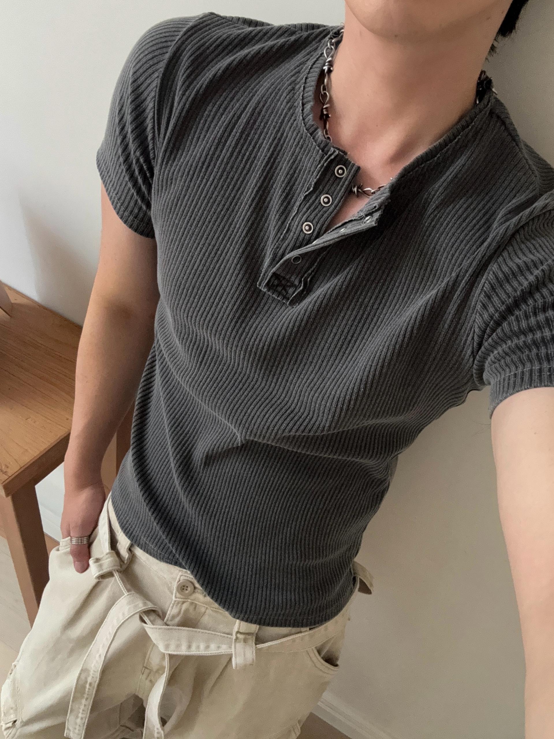 [MUSCLE FIT] 데스트 피그먼트 헨리넥 반팔 티셔츠 4COL