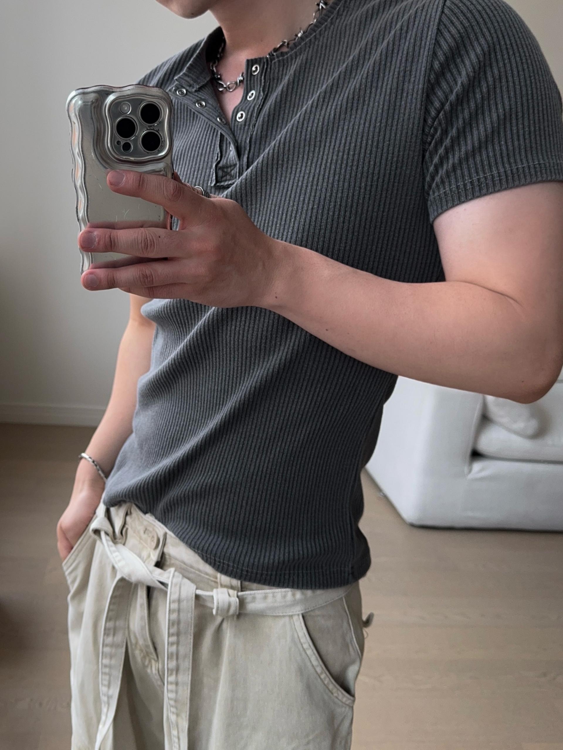 [MUSCLE FIT] 데스트 피그먼트 헨리넥 반팔 티셔츠 4COL