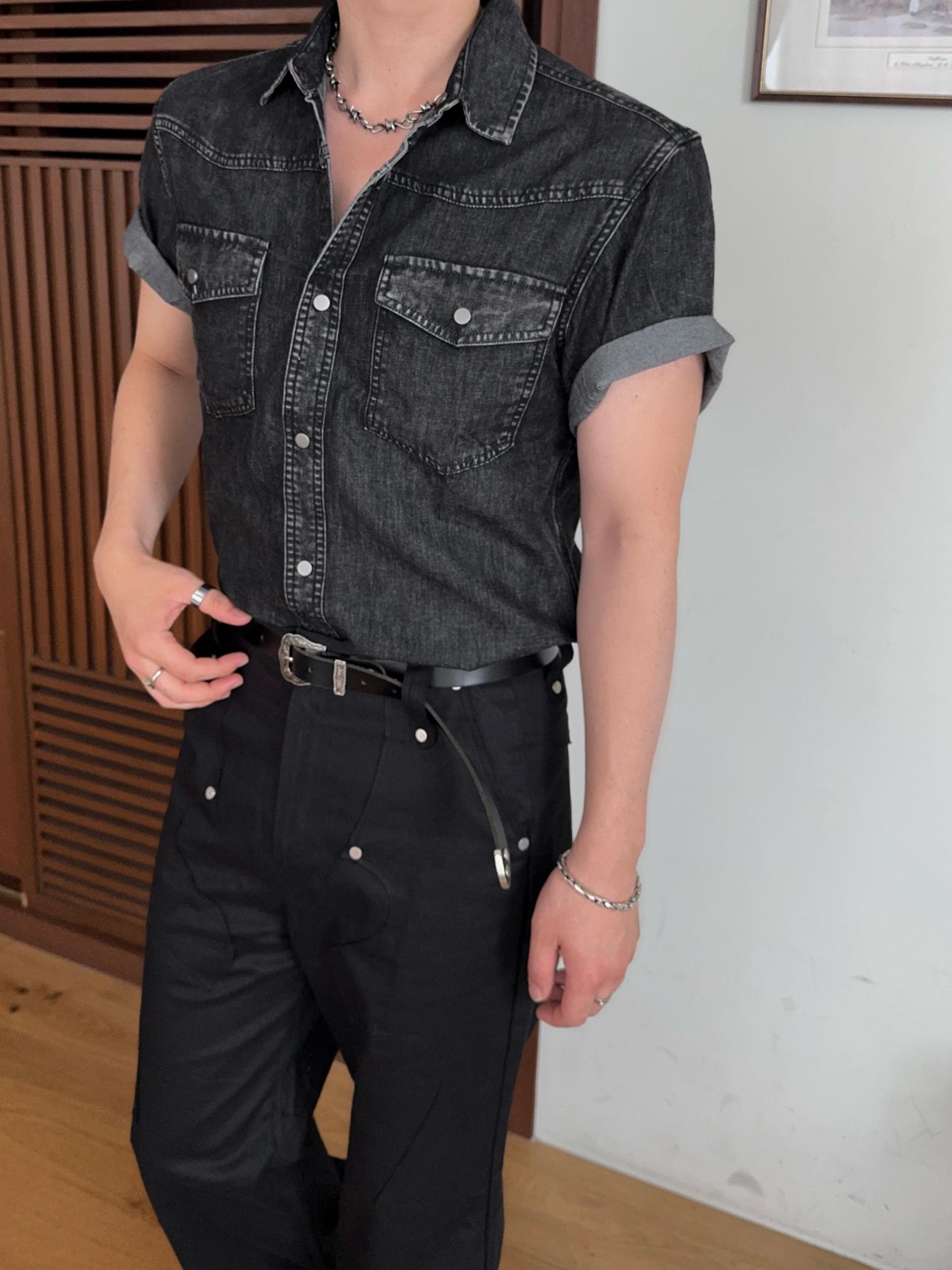 베크 브러쉬 워싱 웨스턴 반팔 데님 셔츠