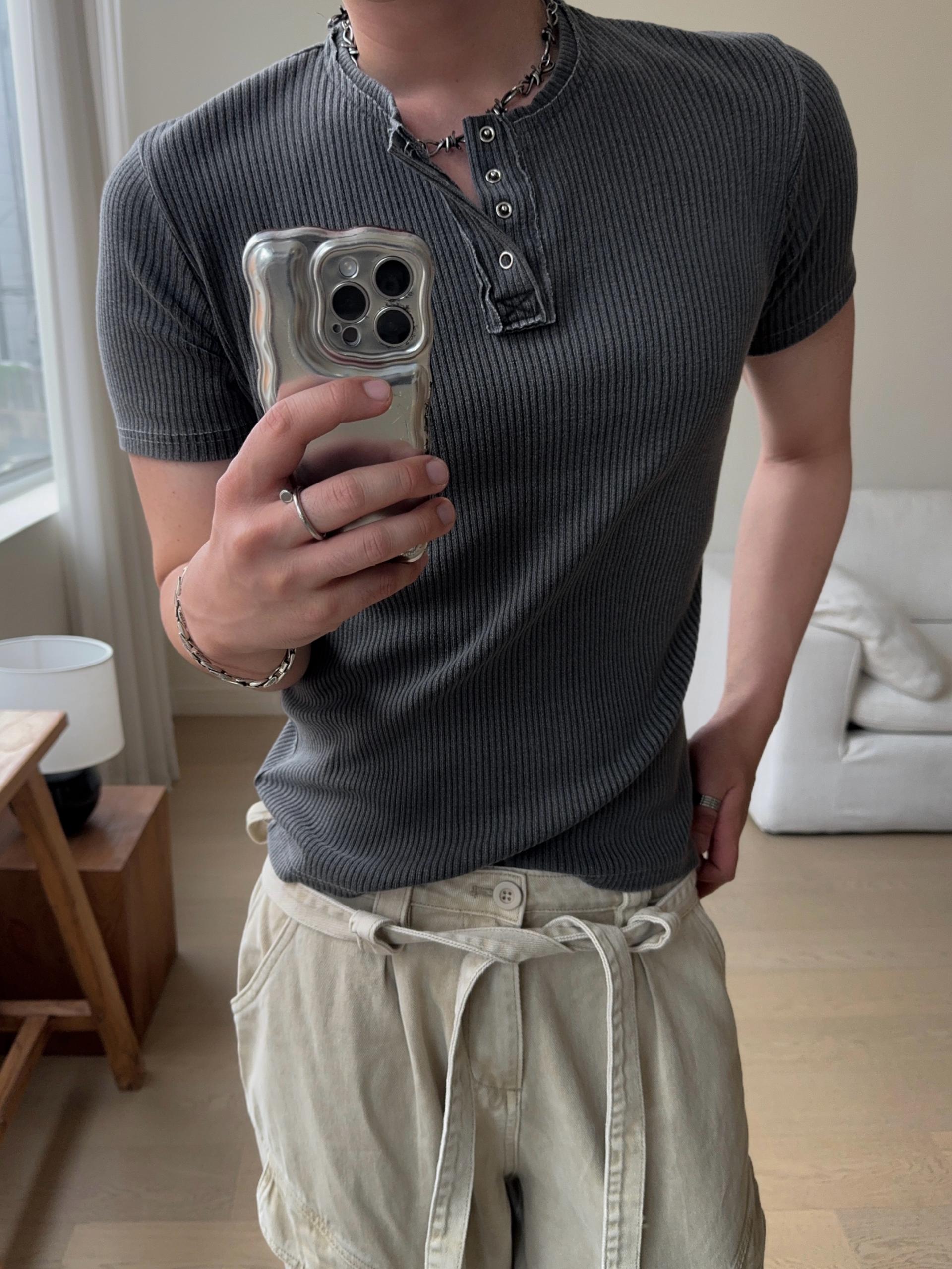 [MUSCLE FIT] 데스트 피그먼트 헨리넥 반팔 티셔츠 4COL