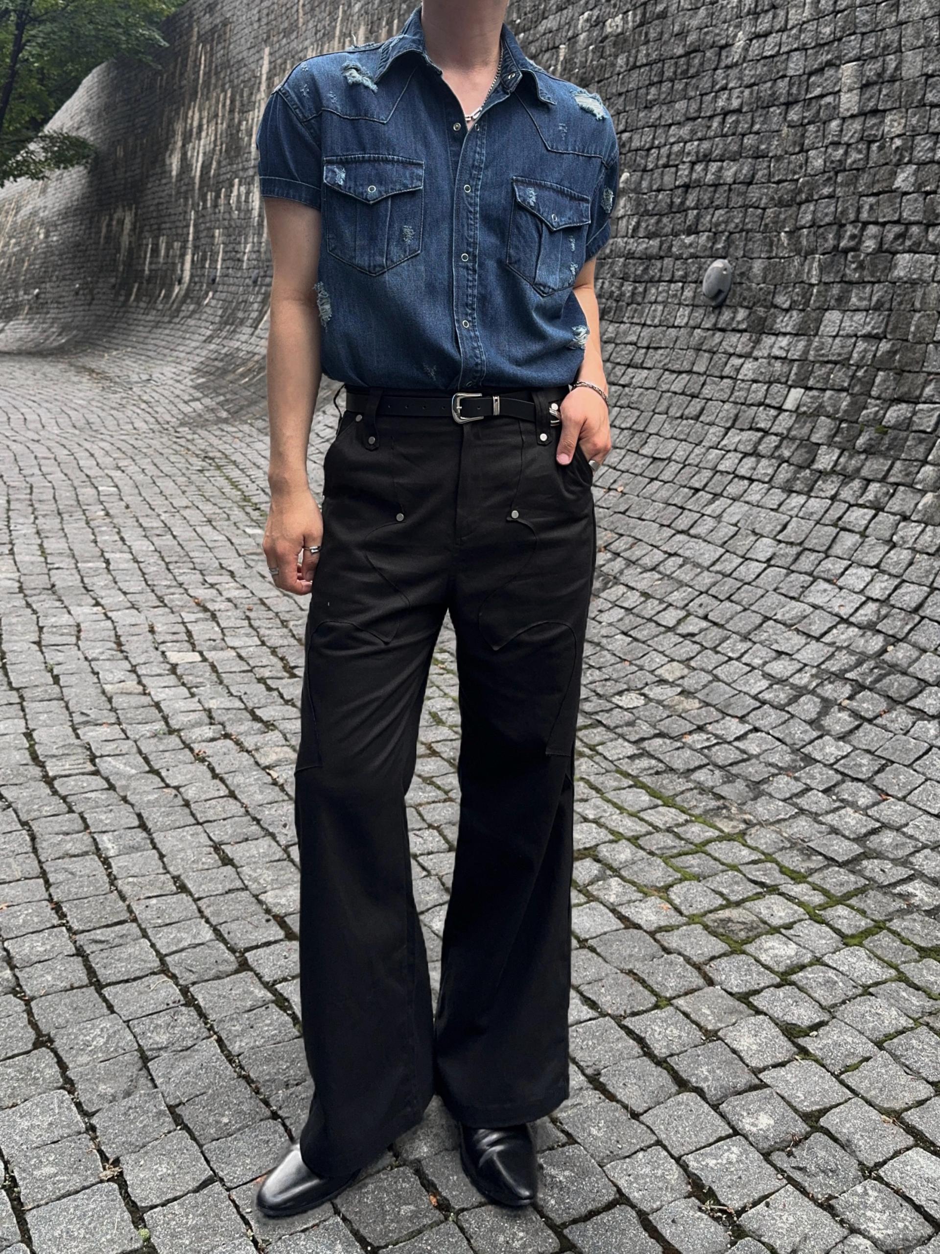 [MUSCLE FIT] 데몬 데미지 웨스턴 반팔 데님 셔츠