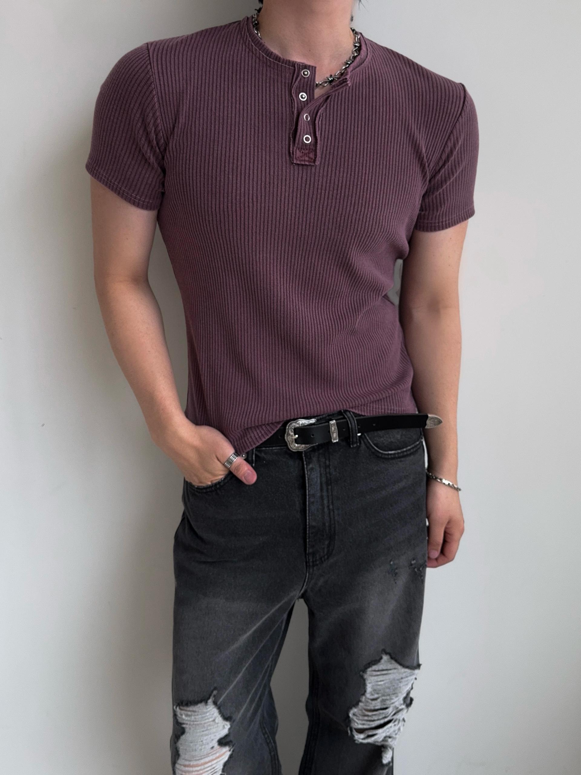 [MUSCLE FIT] 데스트 피그먼트 헨리넥 반팔 티셔츠 4COL
