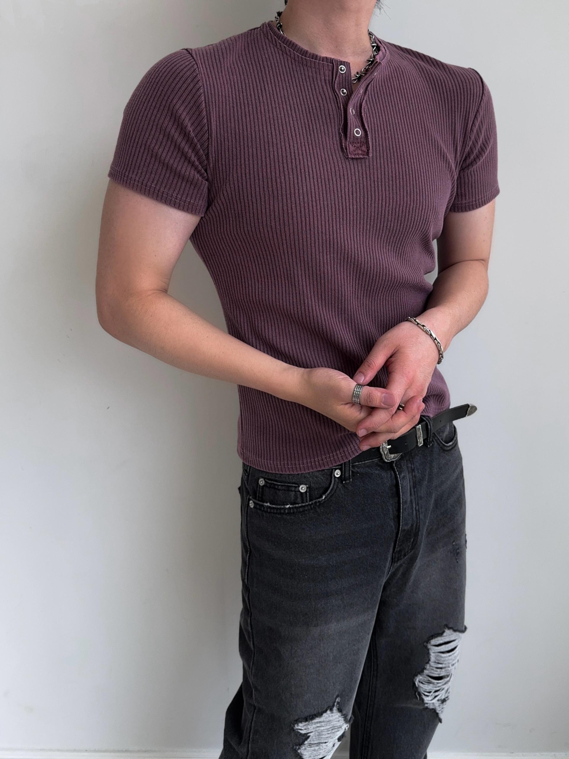 [MUSCLE FIT] 데스트 피그먼트 헨리넥 반팔 티셔츠 4COL