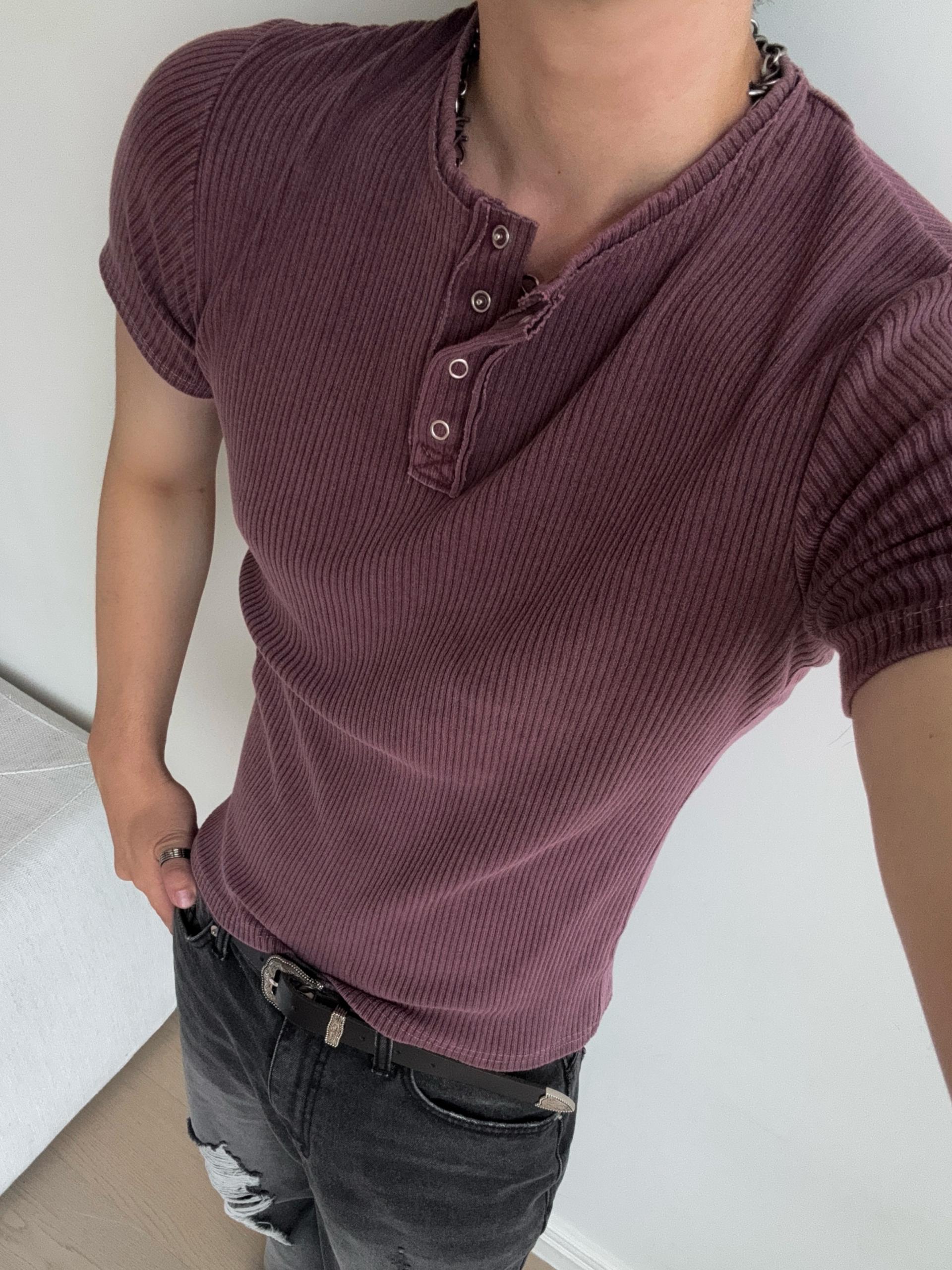[MUSCLE FIT] 데스트 피그먼트 헨리넥 반팔 티셔츠 4COL