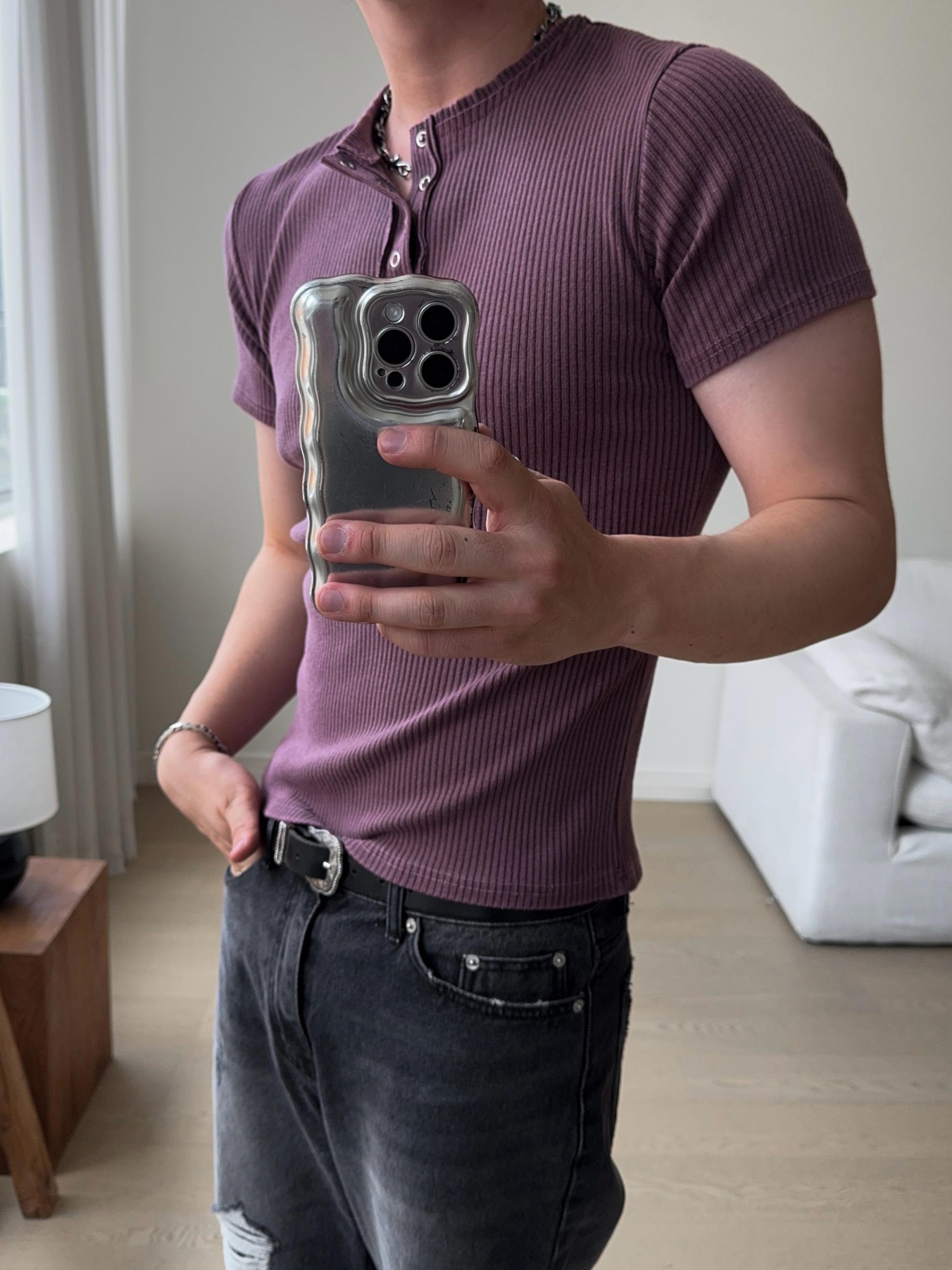 [MUSCLE FIT] 데스트 피그먼트 헨리넥 반팔 티셔츠 4COL