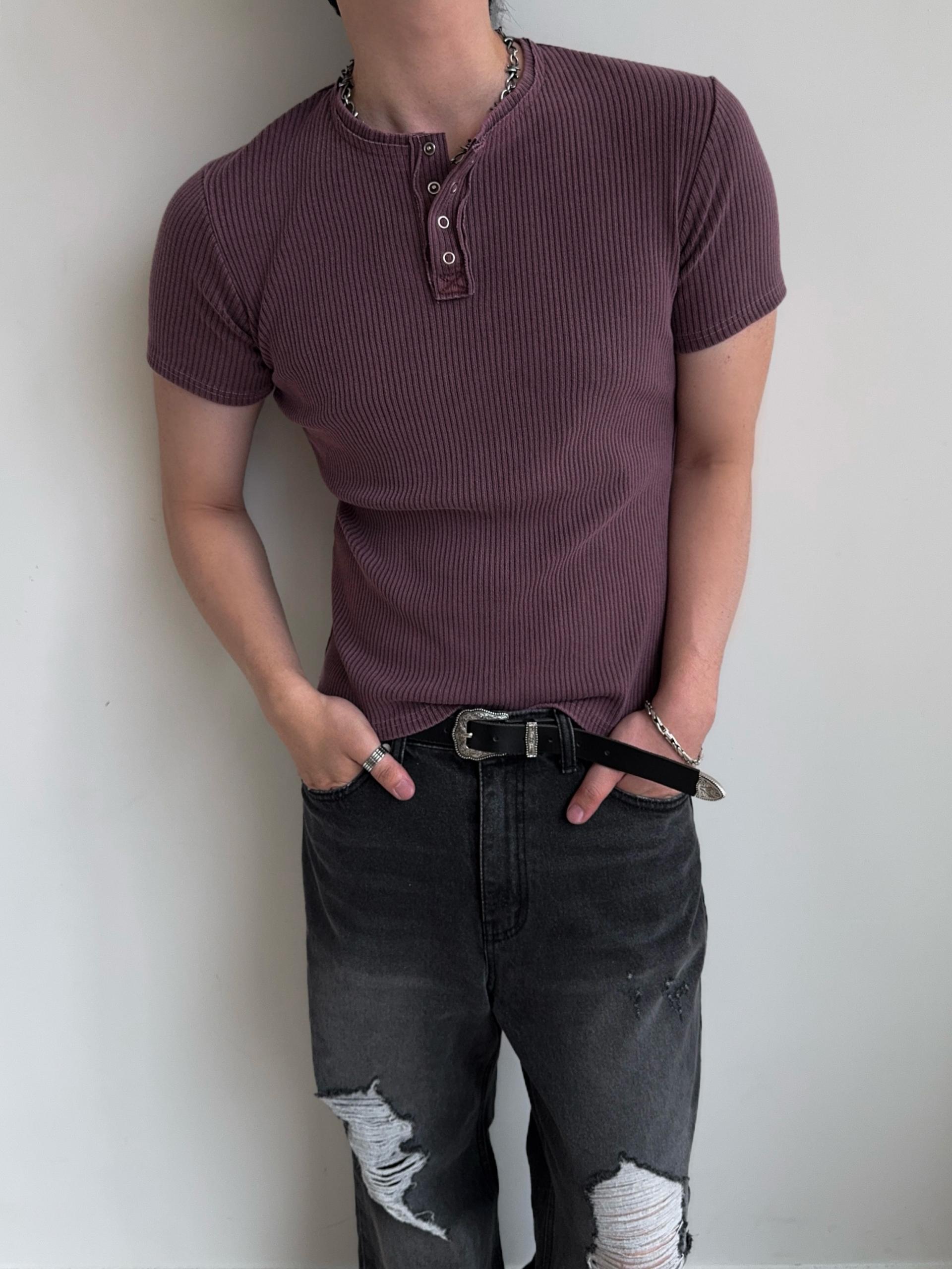 [MUSCLE FIT] 데스트 피그먼트 헨리넥 반팔 티셔츠 4COL