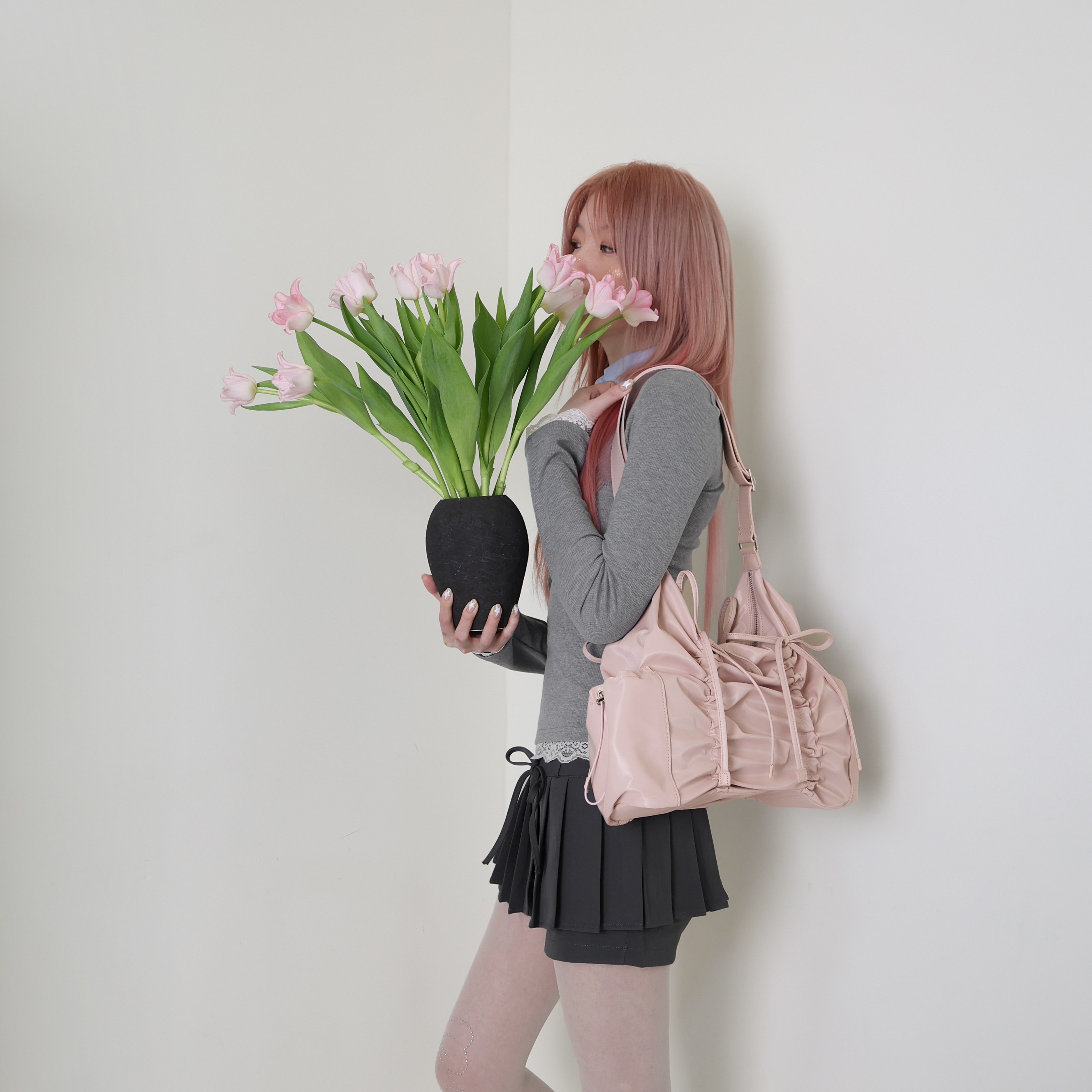 FOR APPEAL] String ribbon large hobo bag Glossy pink - FOR