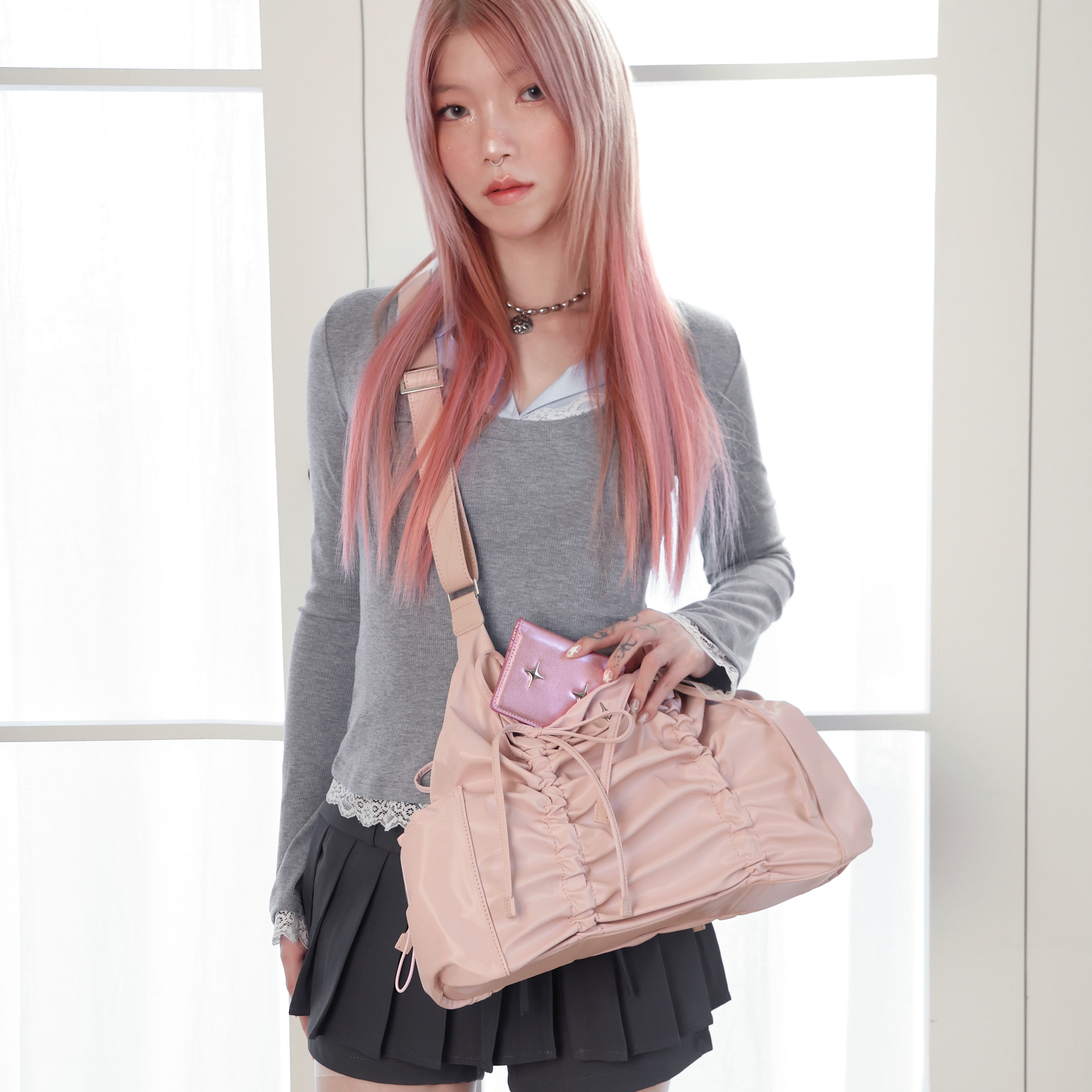 FOR APPEAL] String ribbon large hobo bag Glossy pink - FOR