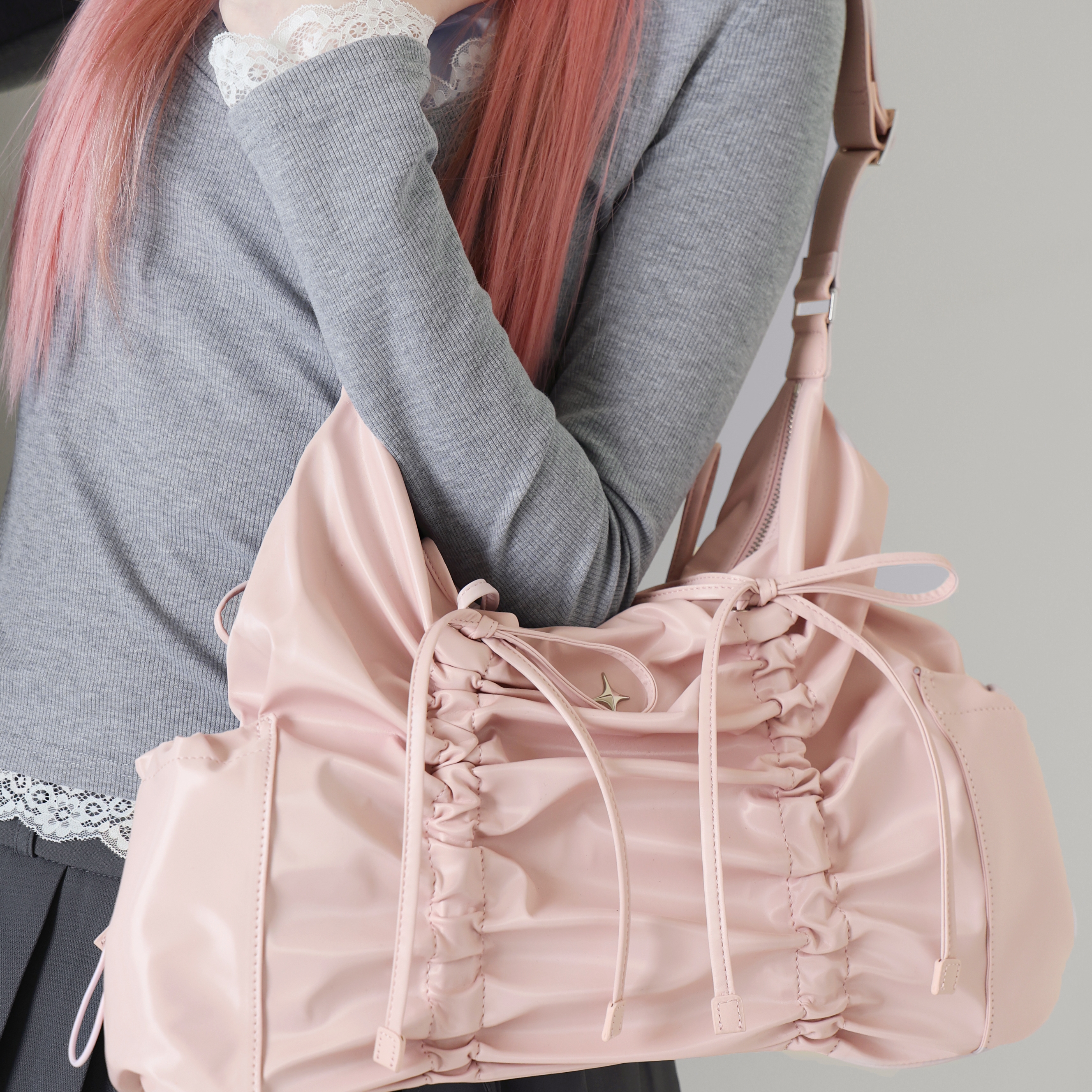 FOR APPEAL] String ribbon large hobo bag Glossy pink - FOR