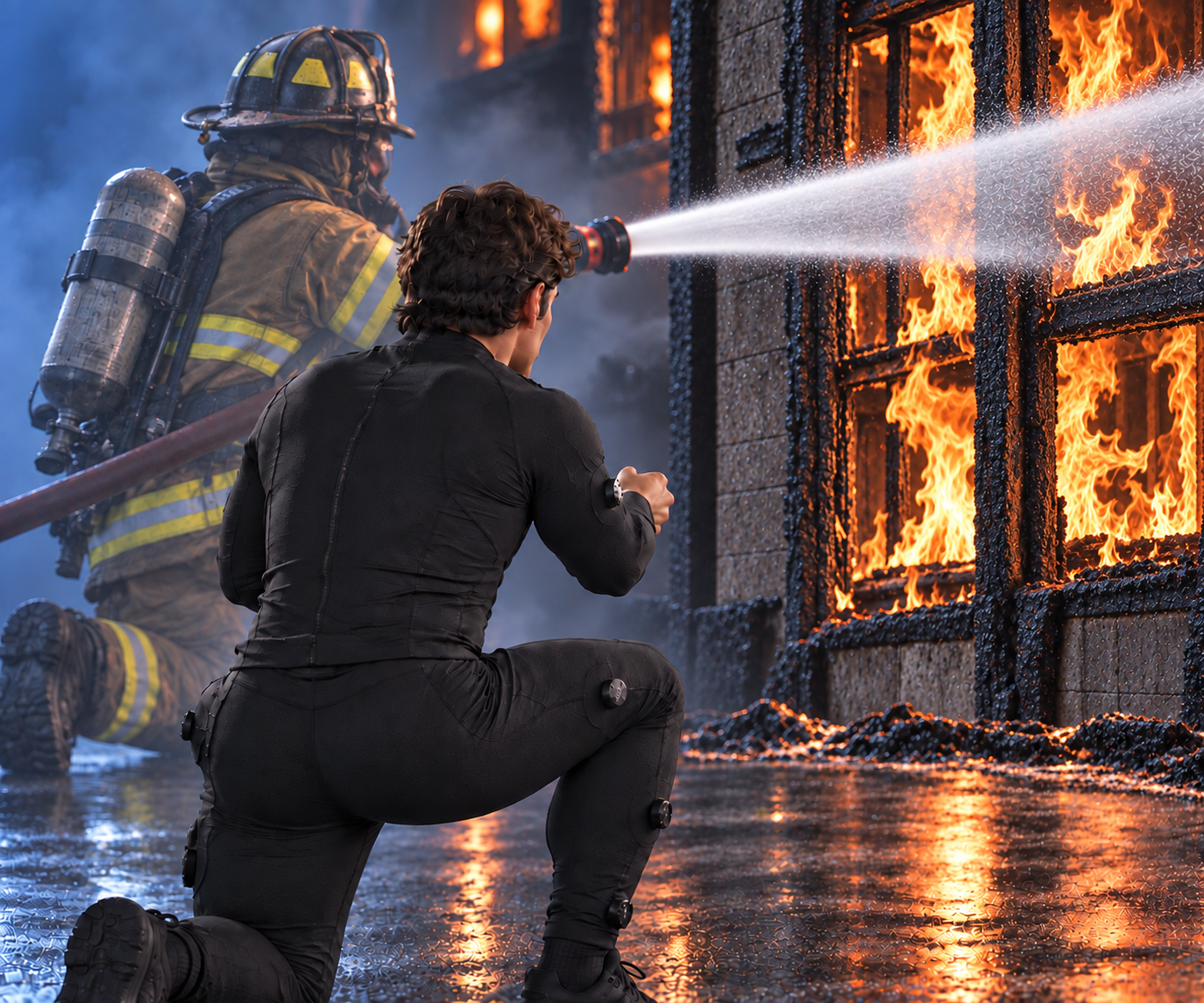 iPOP XR training concept showing a haptic suit user and a firefighter