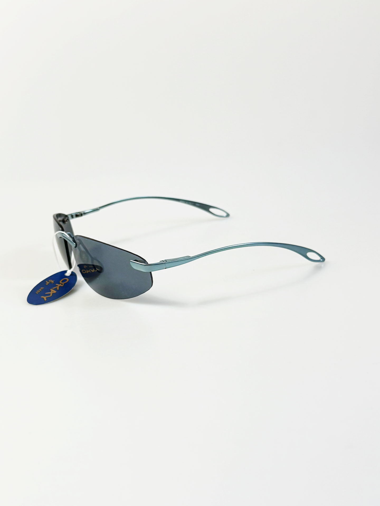 90s OKAY EYEWEAR Rimless Wraparound Blue Gray Metal Sunglasses