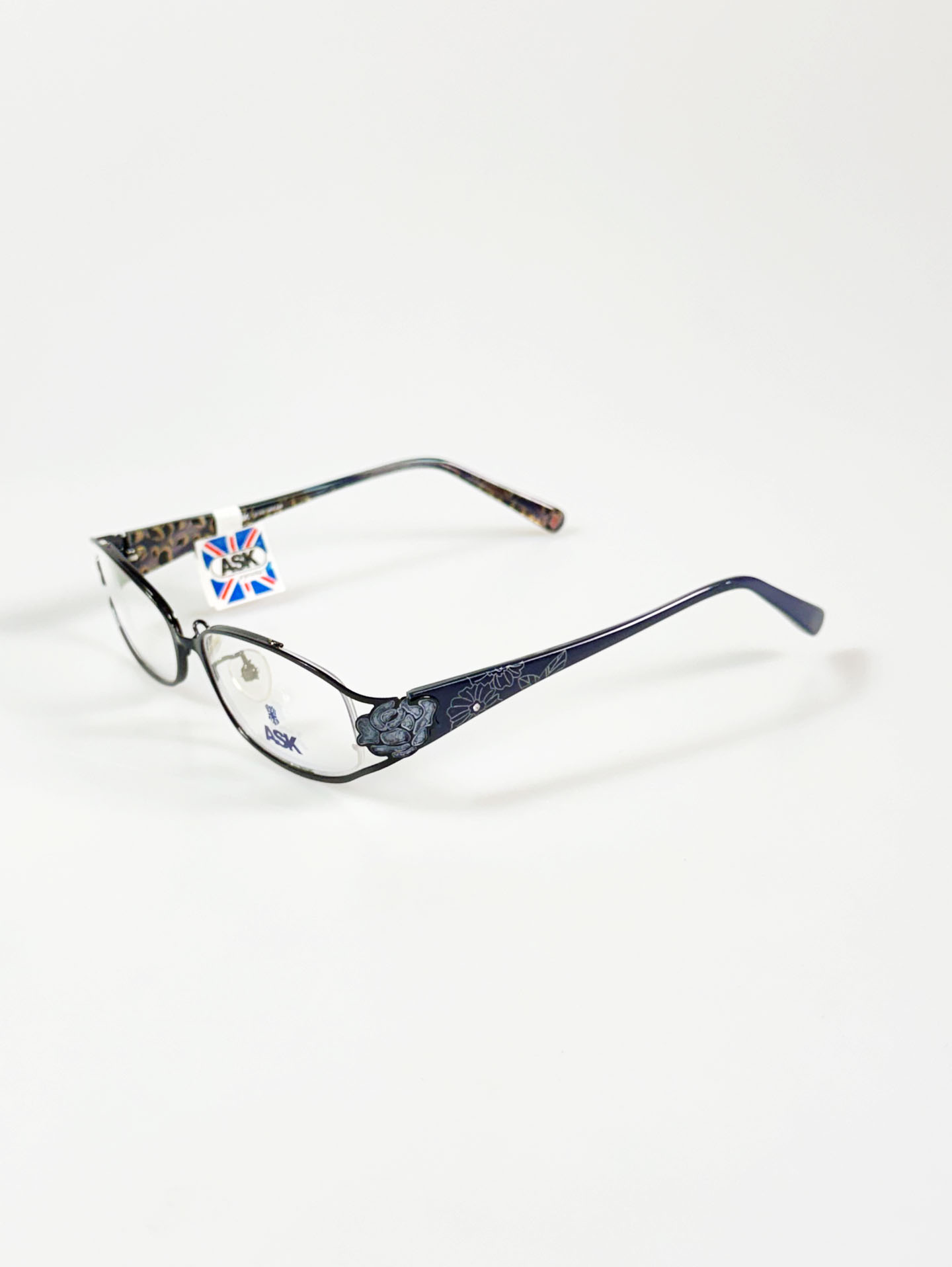 ASK Navy Floral Slim Oval Metal Frame Glasses