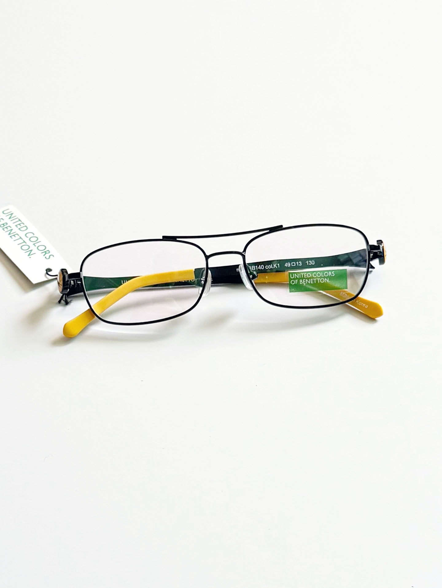 BENETTON Black Double Bridge Slim Square Metal Frame Glasses