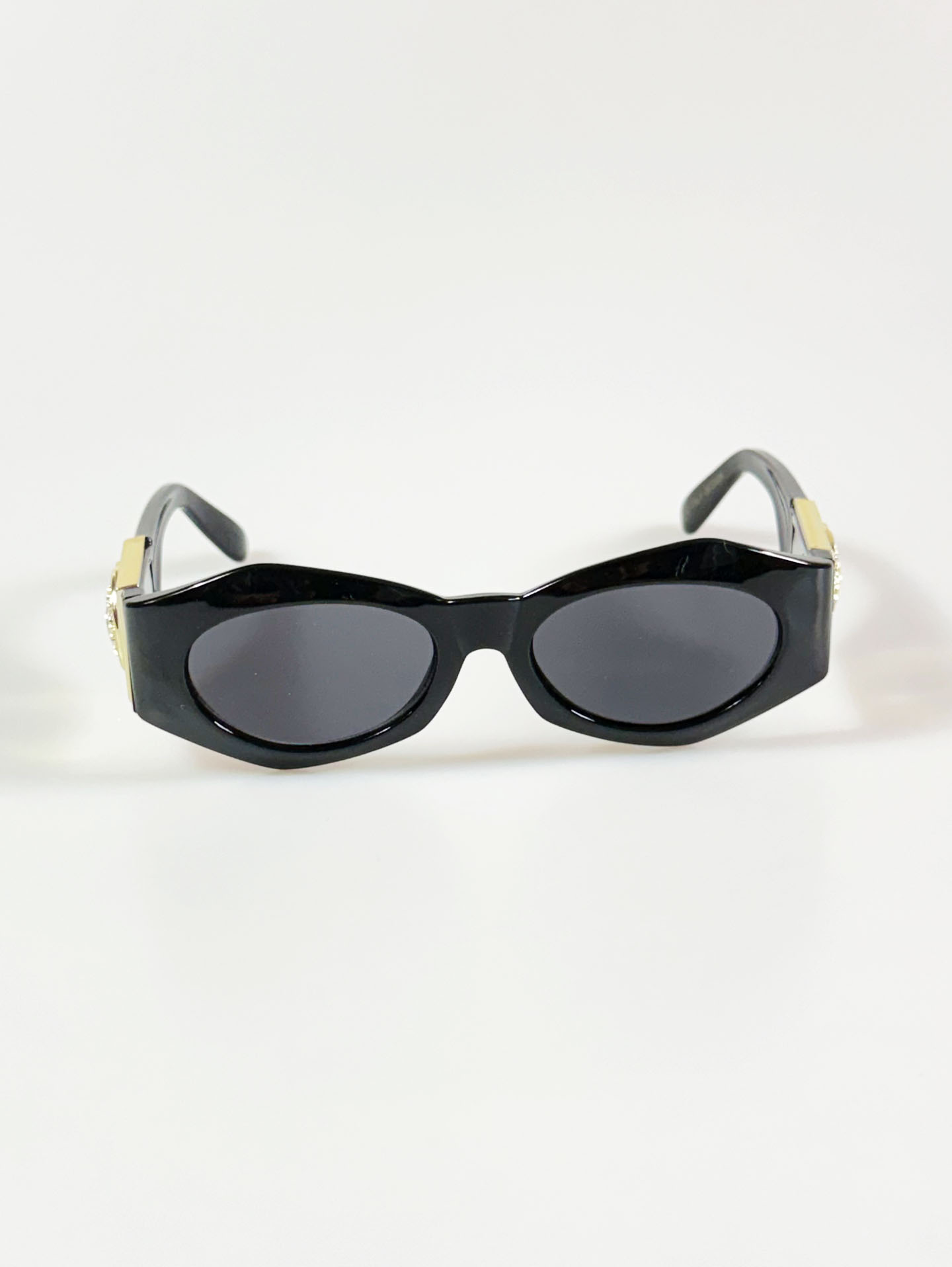 Black Oval Gold Medallion Detail Wrap Sunglasses