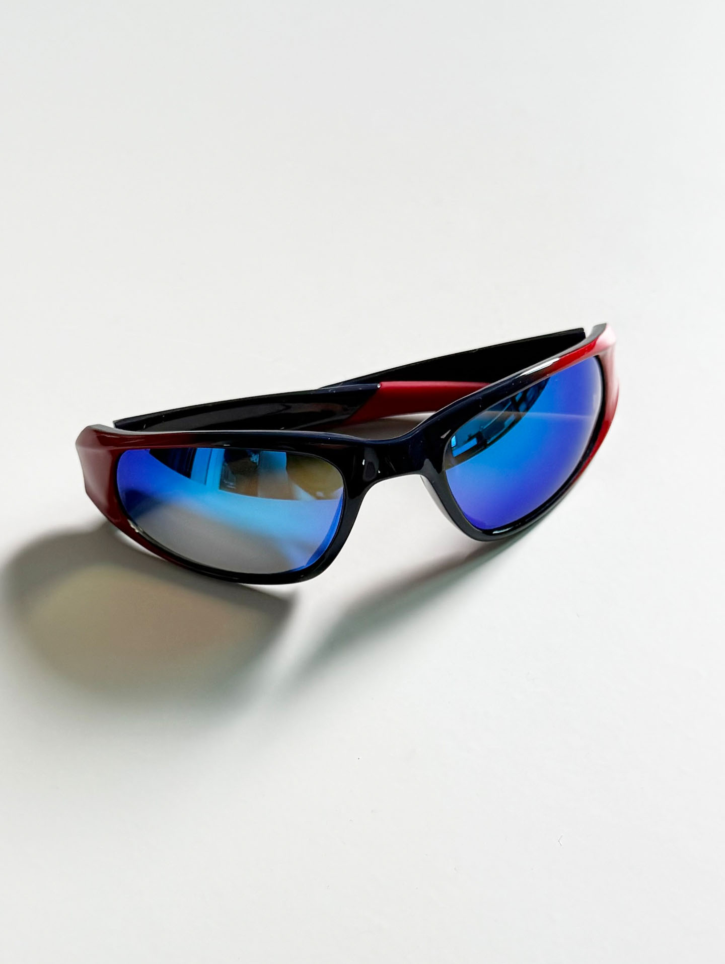 Red Black Two-Tone Square Wraparound Mirrored Sunglasses