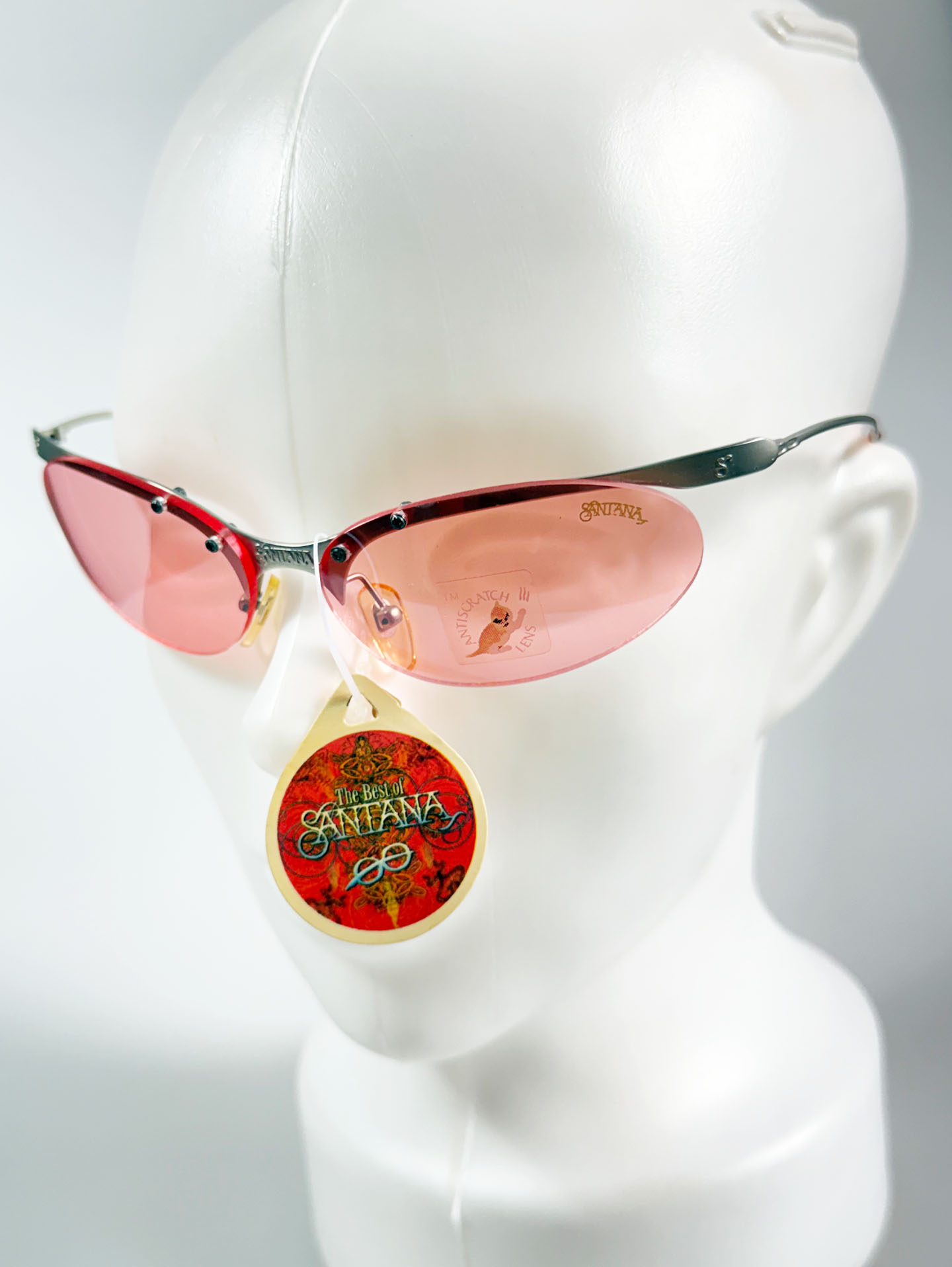 90's SANTANA Silver Rimless Oval Metal Pink Tint Sunglasses
