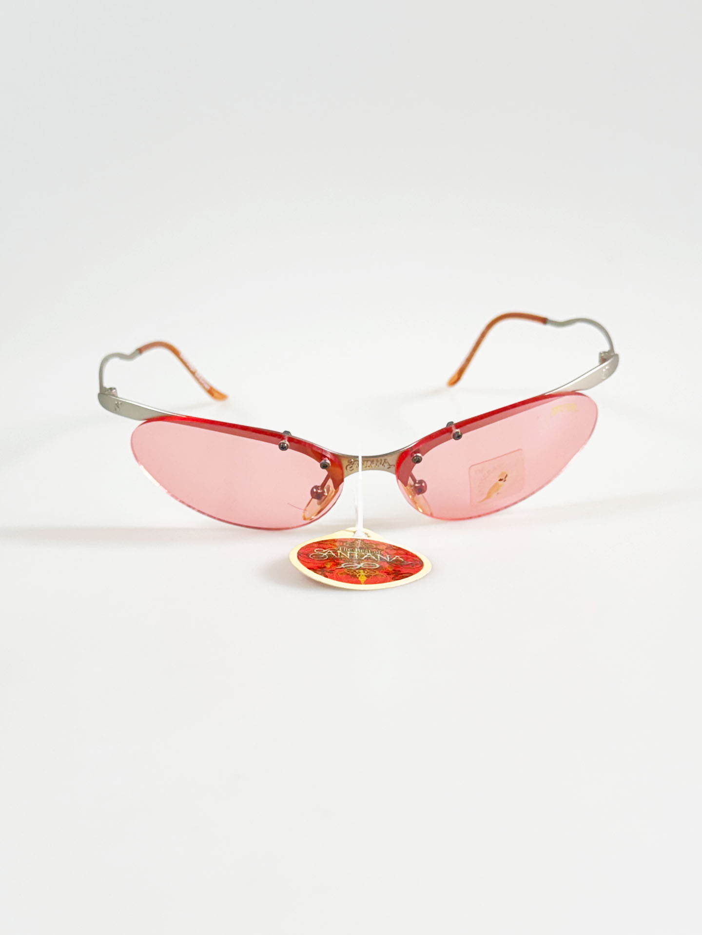 90's SANTANA Silver Rimless Oval Metal Pink Tint Sunglasses