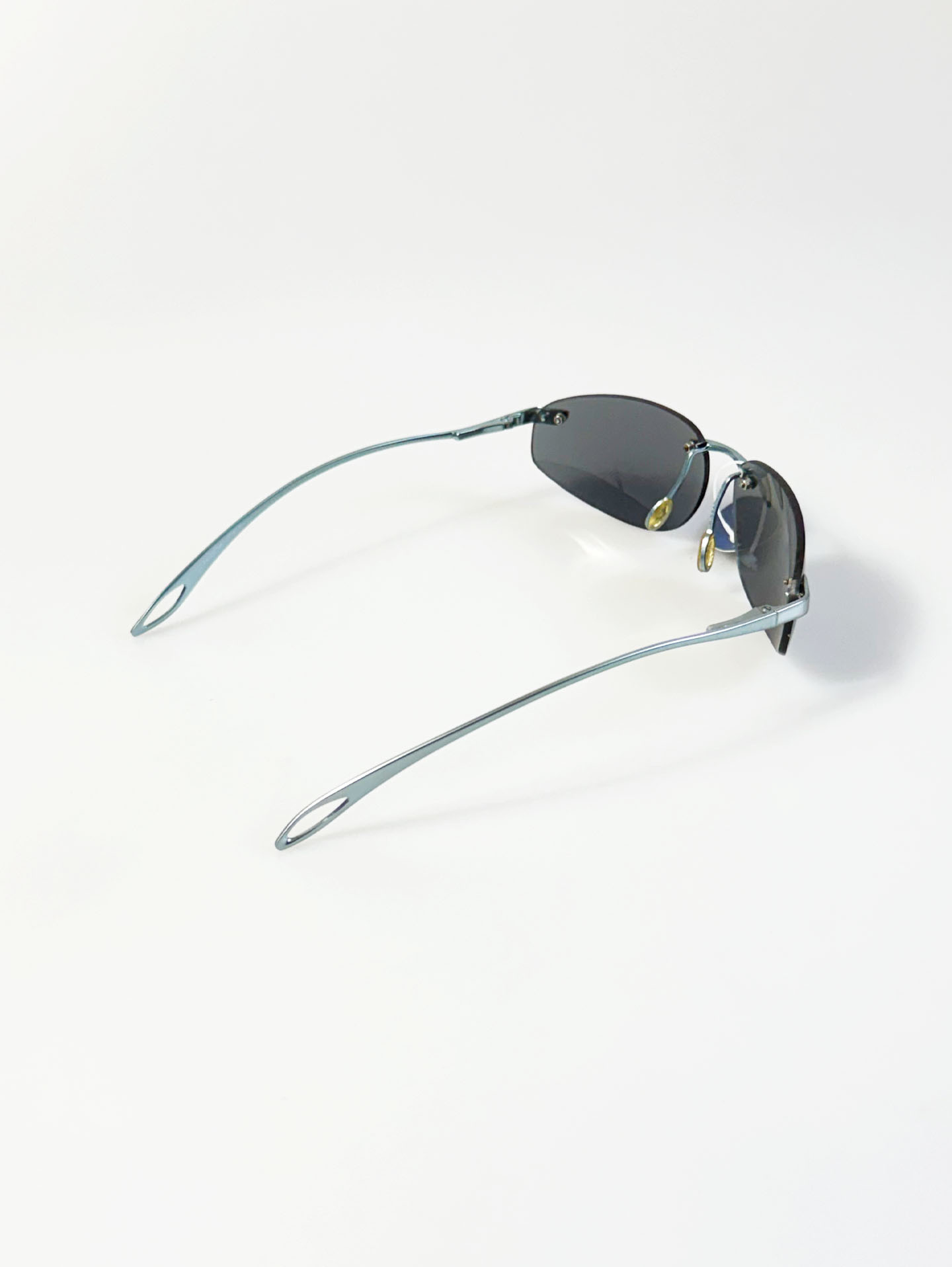 90s OKAY EYEWEAR Rimless Wraparound Blue Gray Metal Sunglasses