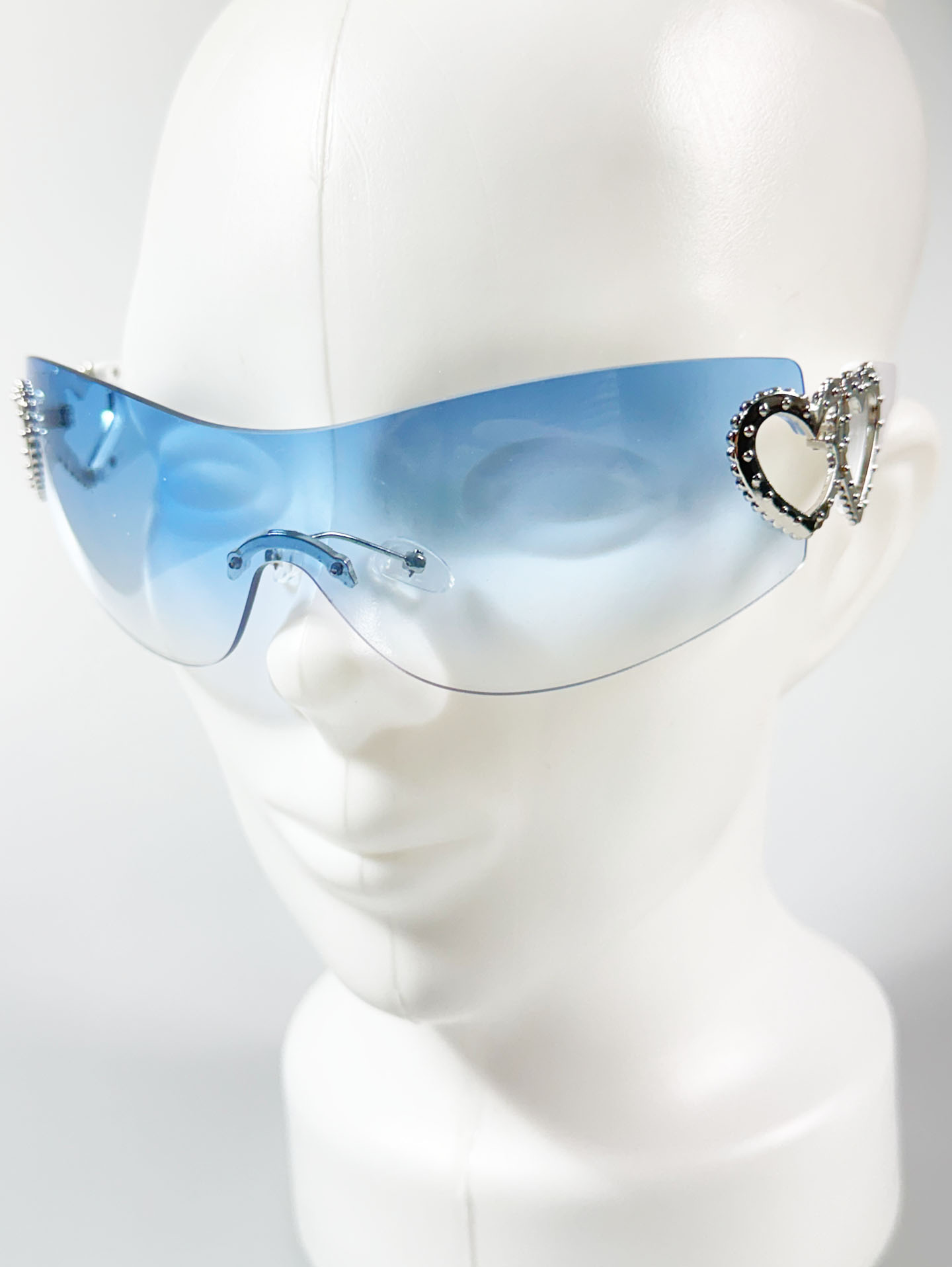 Blue Goggle Shield Rimless Wraparound Sunglasses