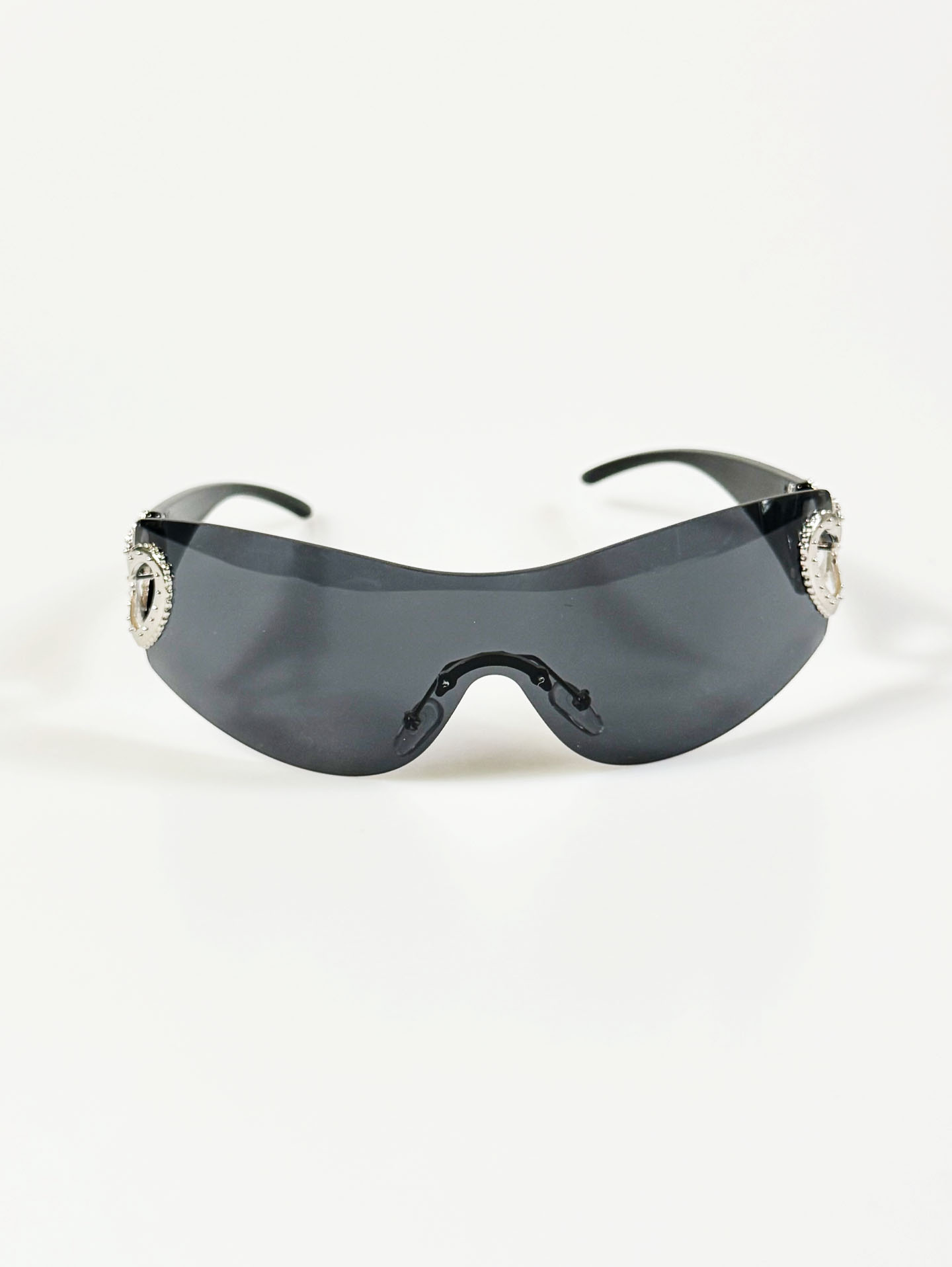 Black Goggle Shield Rimless Wraparound Sunglasses