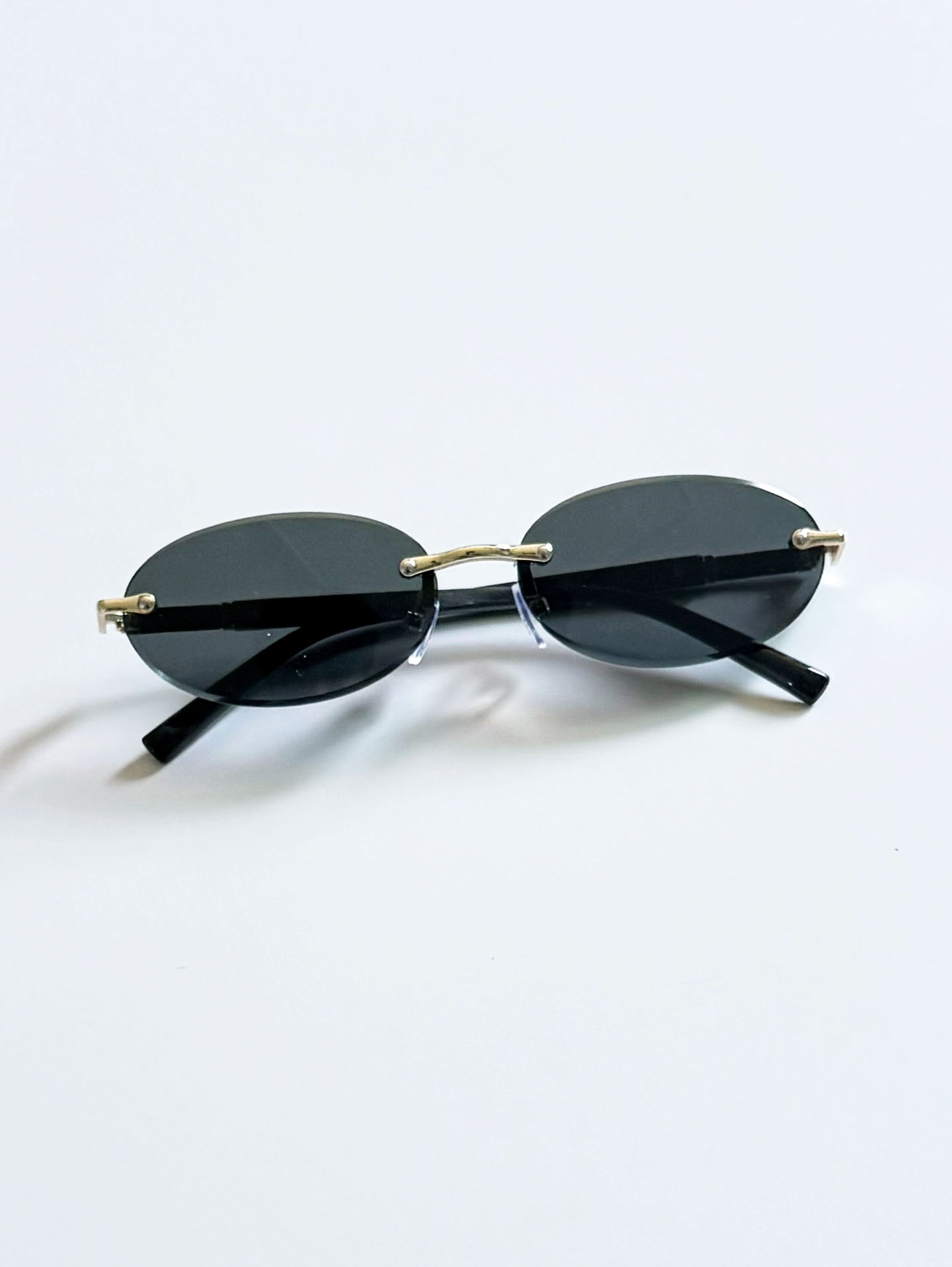 Rimless Oval Gold Metal Frame Smoke Gray Lens Sunglasses