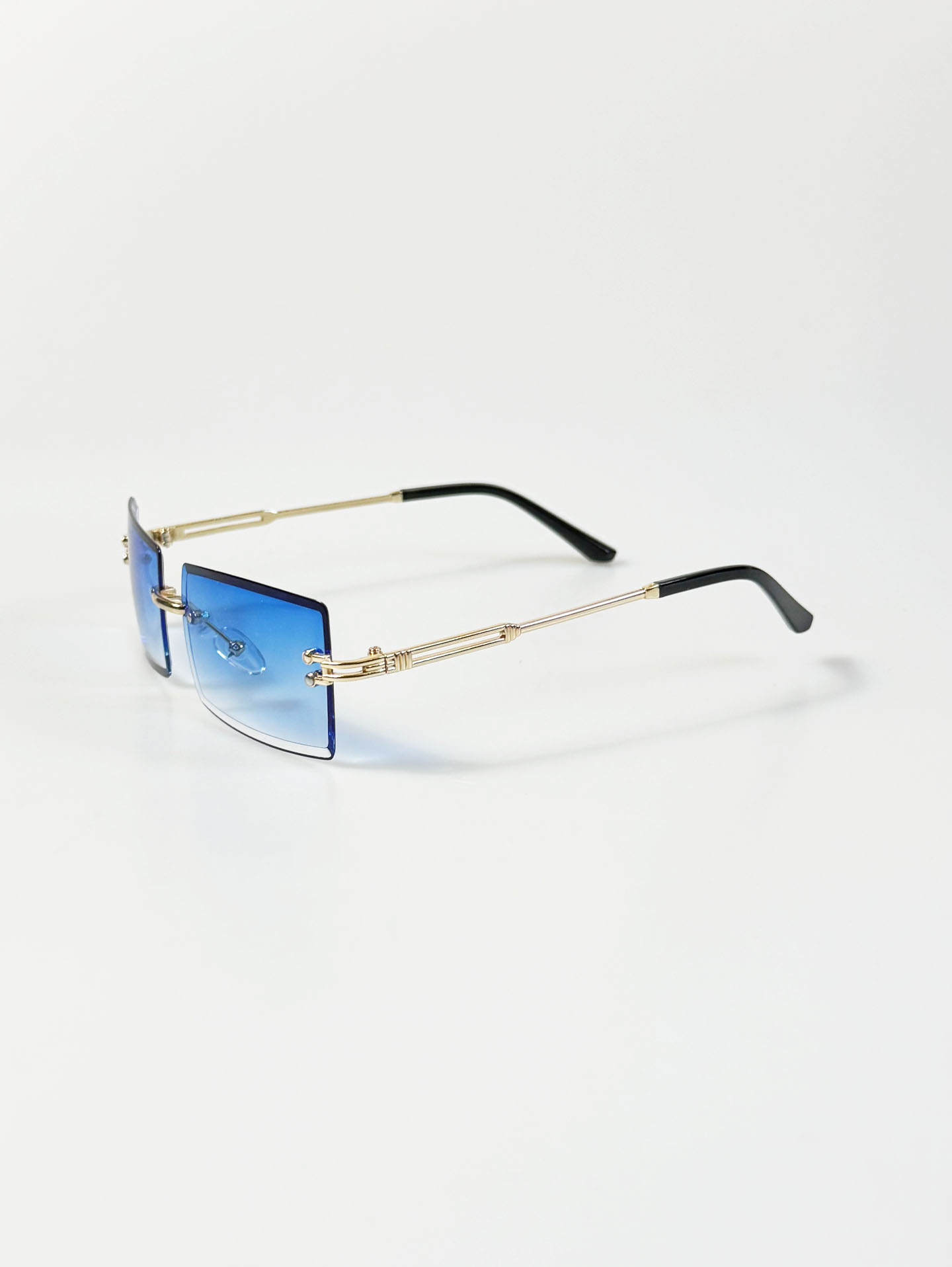 Rimless Square Gold Metal Frame Gradient Blue Tint Sunglasses