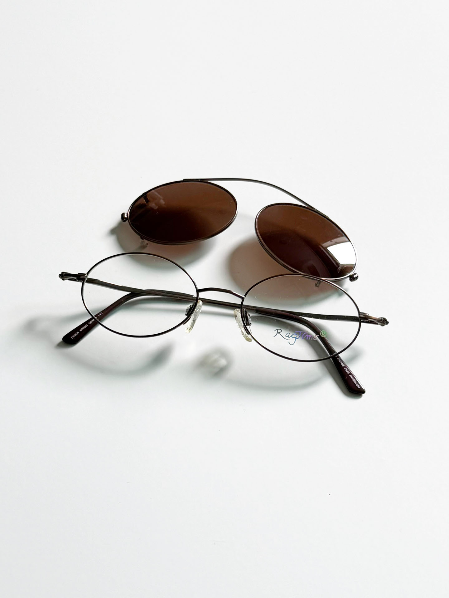 90's RAGTIME Brown Slim Oval Metal Clip-On Glasses