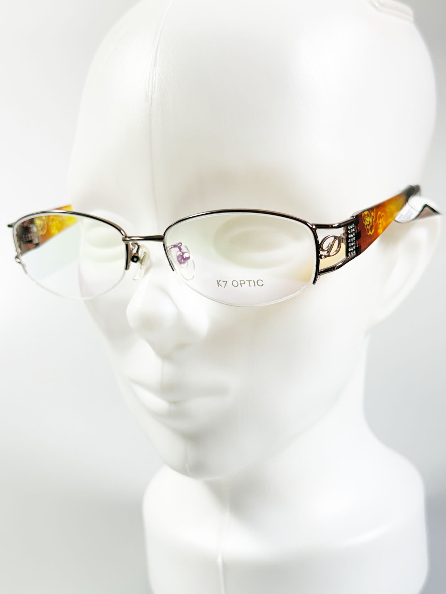 K7 OPTIC Brown Semi-Rimless Oval Metal Frame Glasses