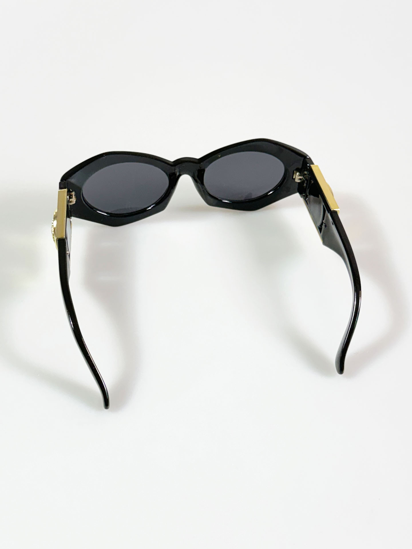 Black Oval Gold Medallion Detail Wrap Sunglasses