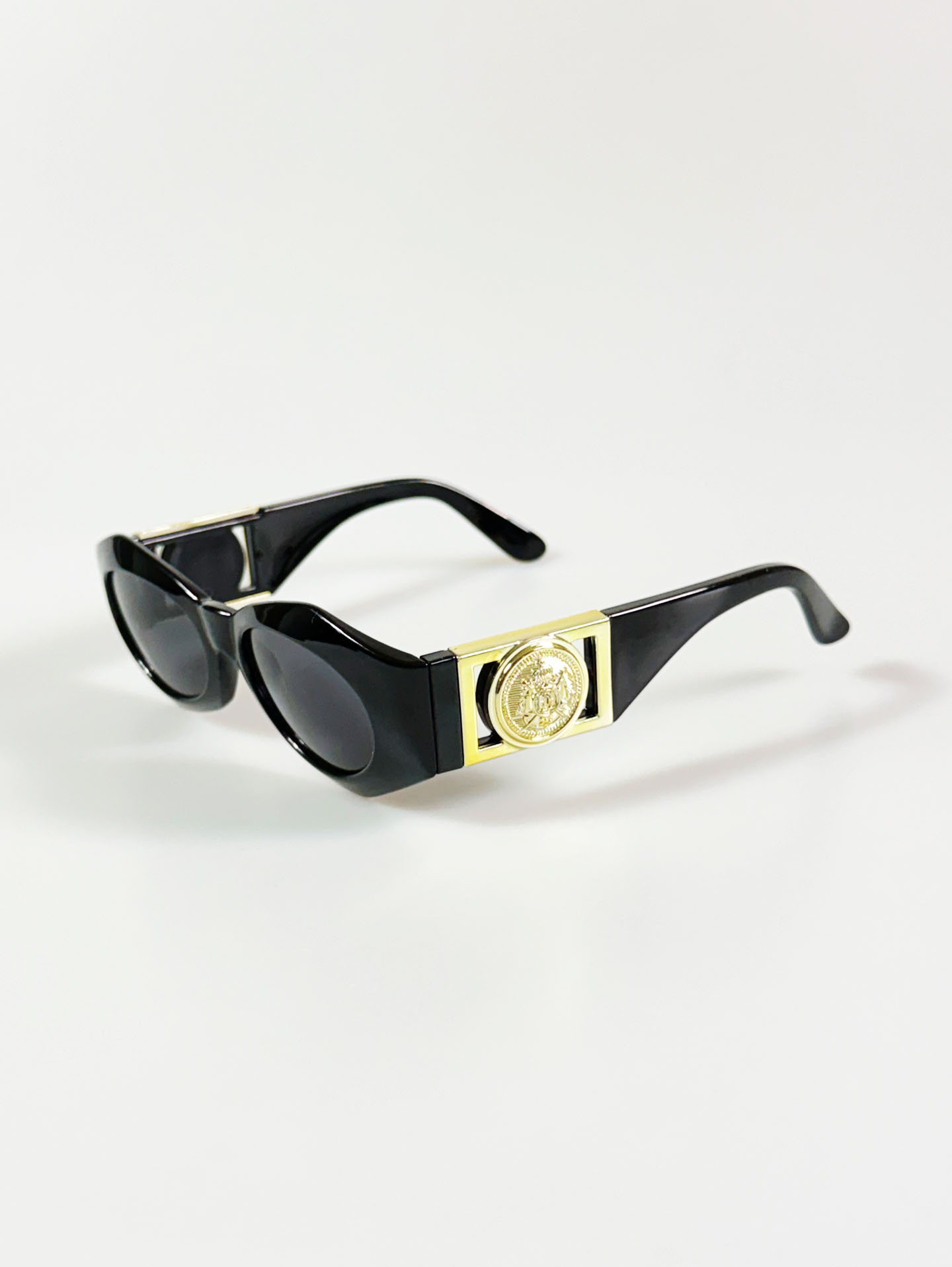 Black Oval Gold Medallion Detail Wrap Sunglasses