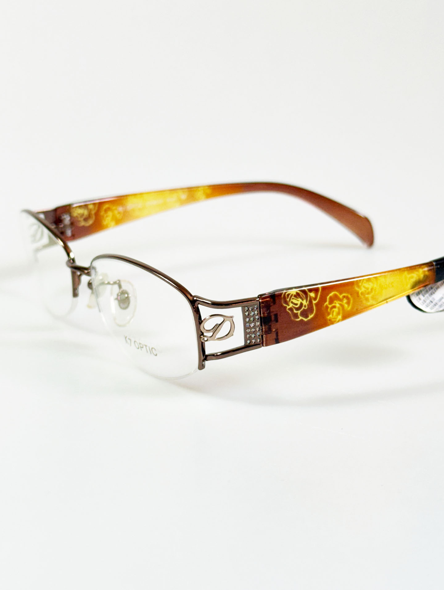 K7 OPTIC Brown Semi-Rimless Oval Metal Frame Glasses