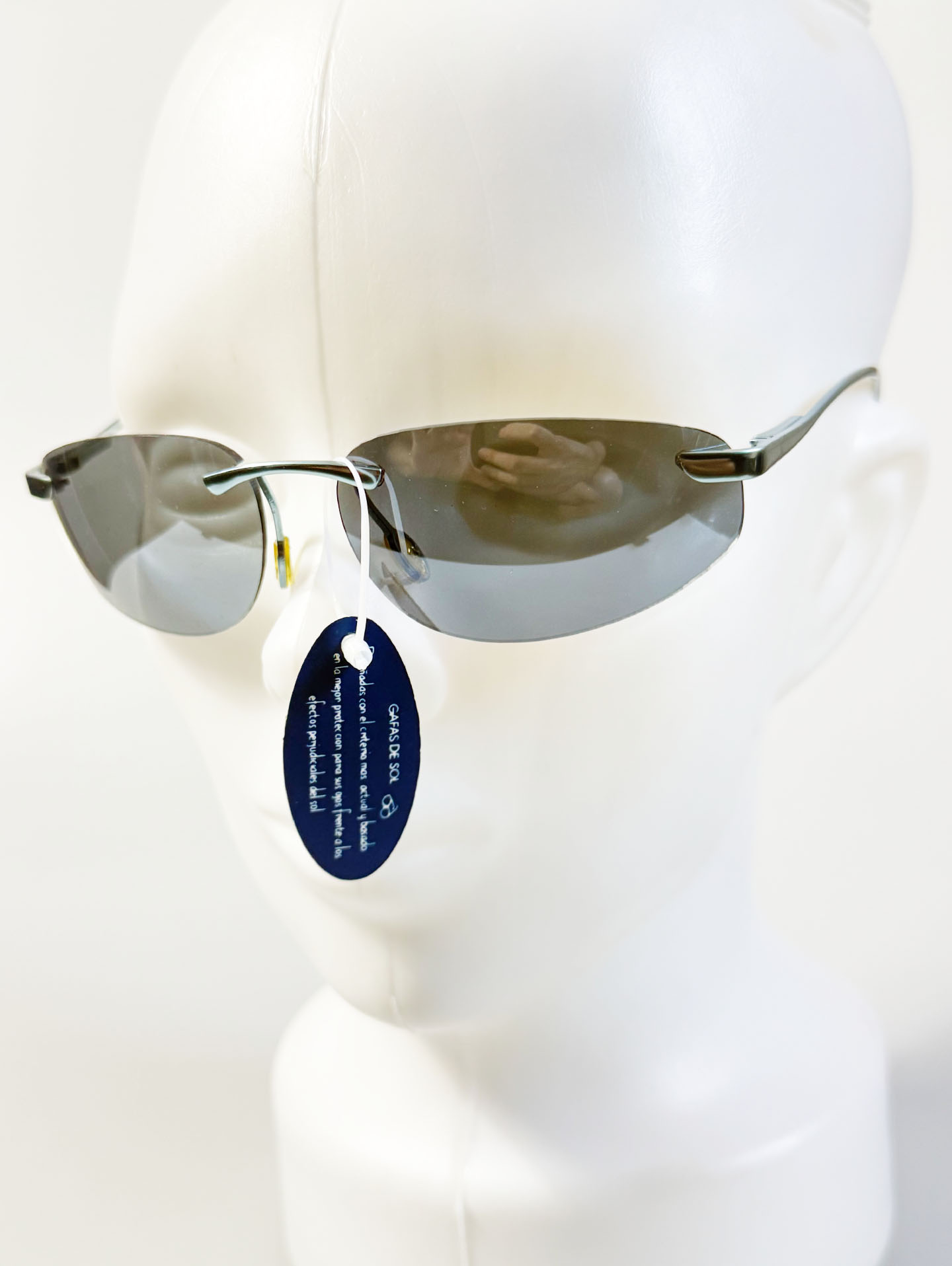 90s OKAY EYEWEAR Rimless Wraparound Blue Gray Metal Sunglasses